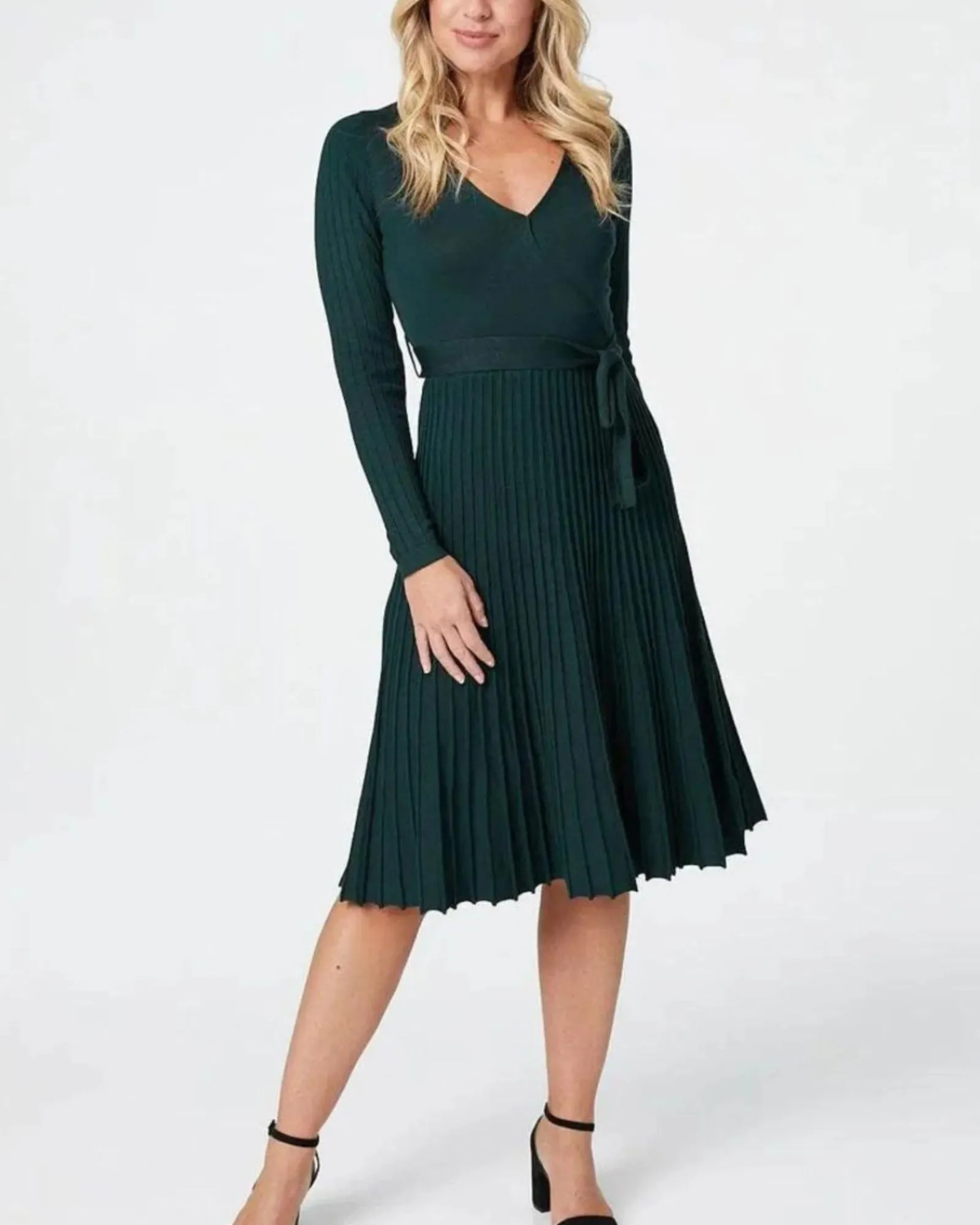 Adelina Dress Knit Pleated Skirt Crossover Top | Green