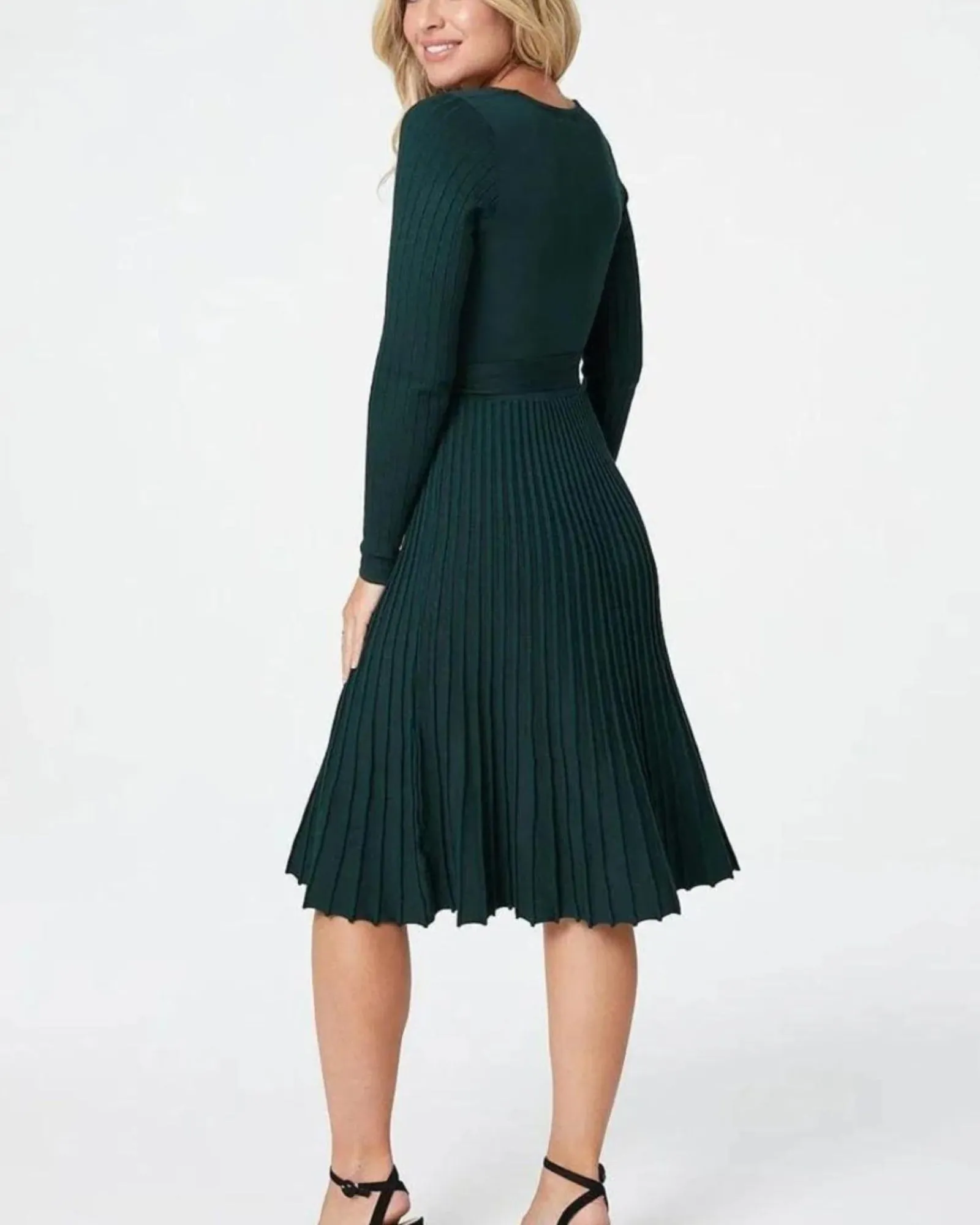 Adelina Dress Knit Pleated Skirt Crossover Top | Green