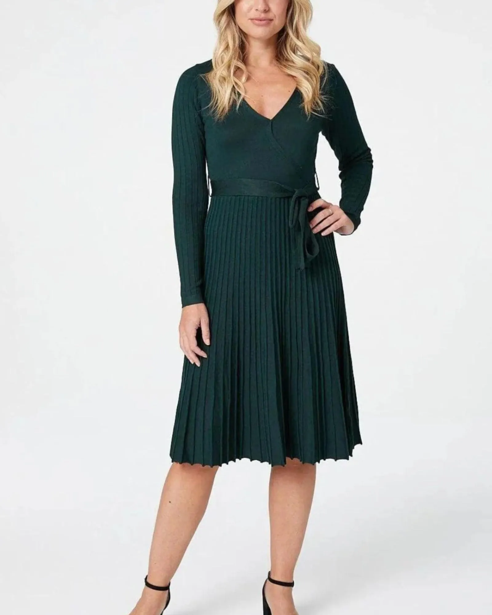 Adelina Dress Knit Pleated Skirt Crossover Top | Green