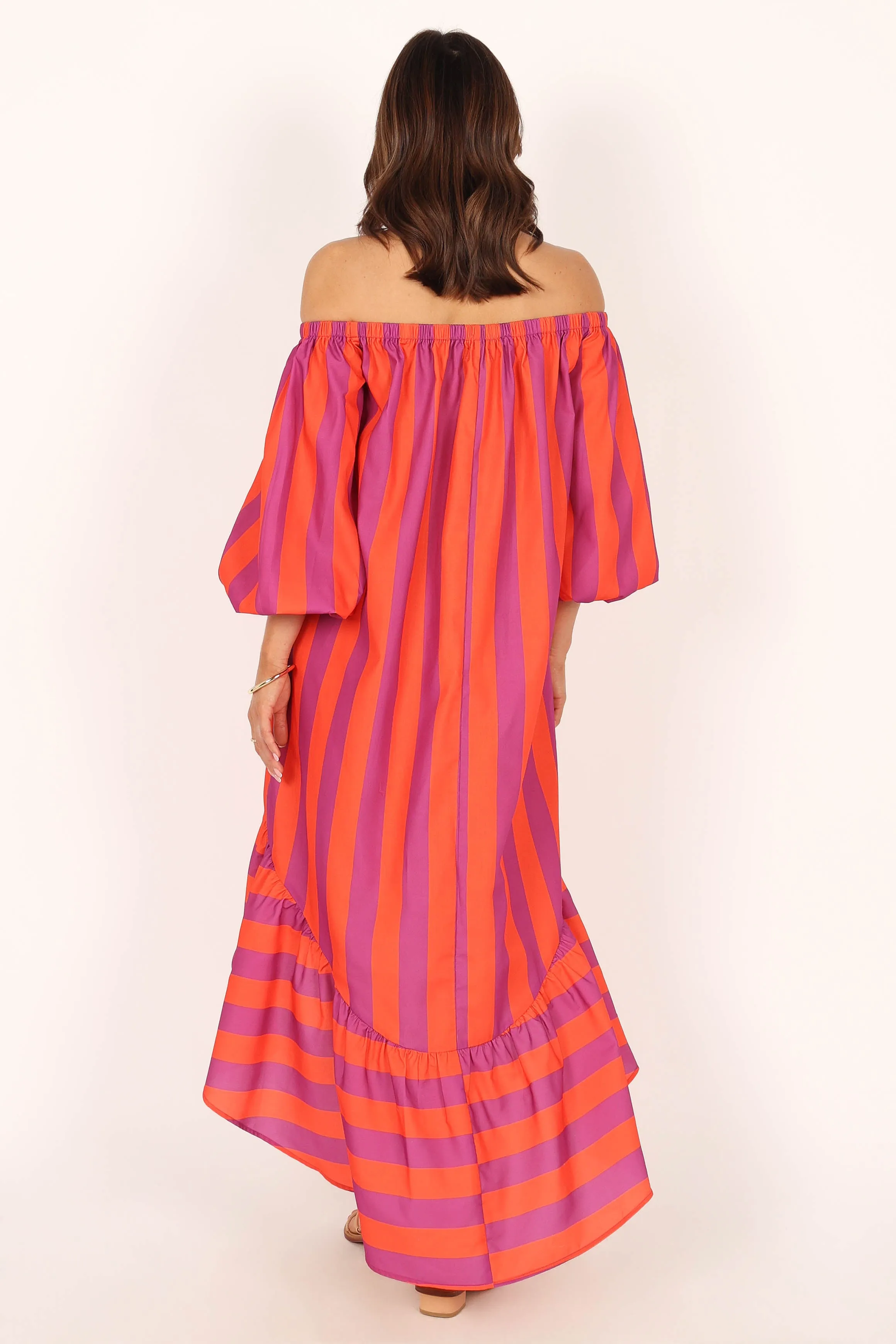 Alysa Off Shoulder Midi Dress - Coral Stripe