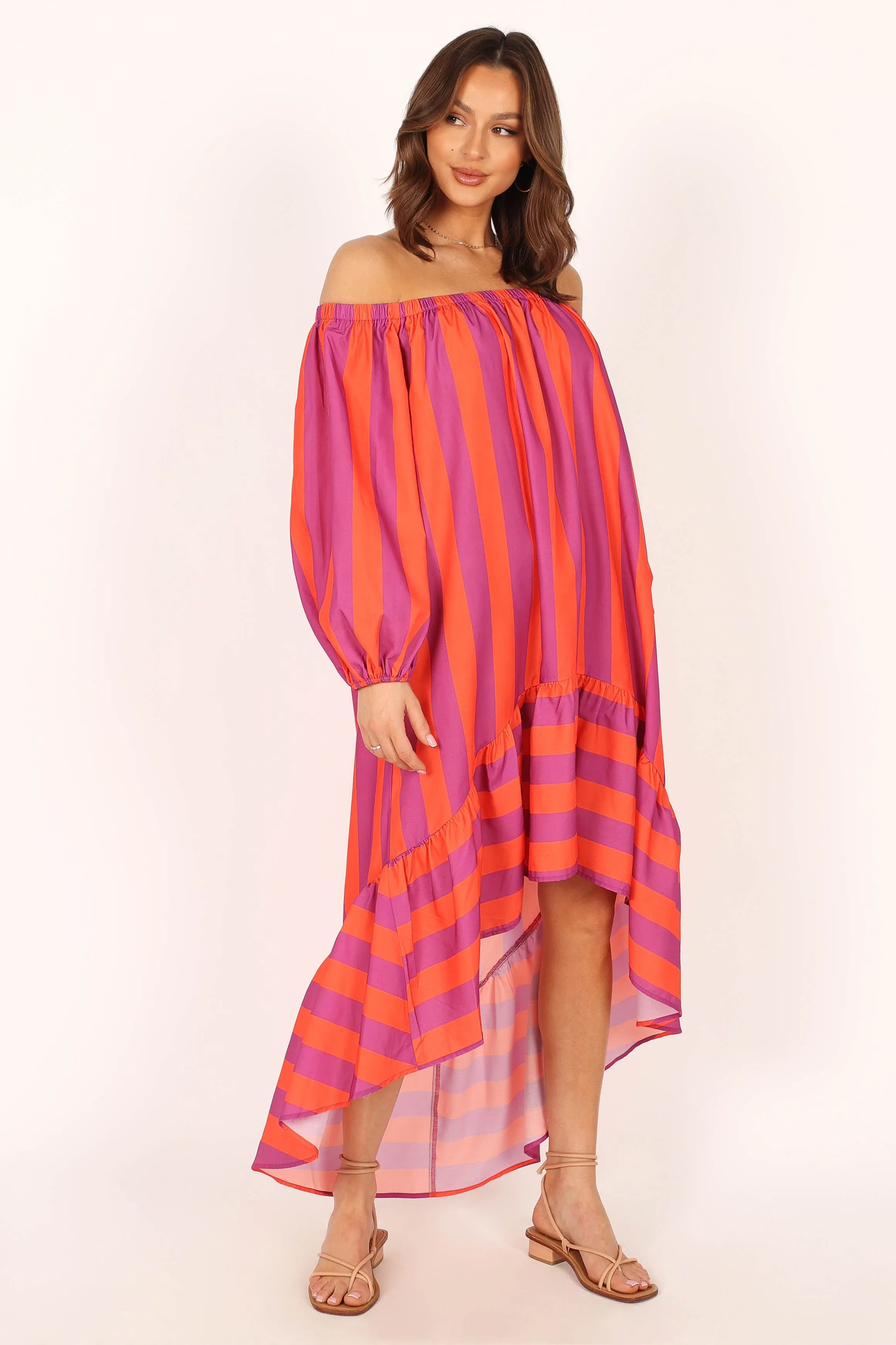 Alysa Off Shoulder Midi Dress - Coral Stripe