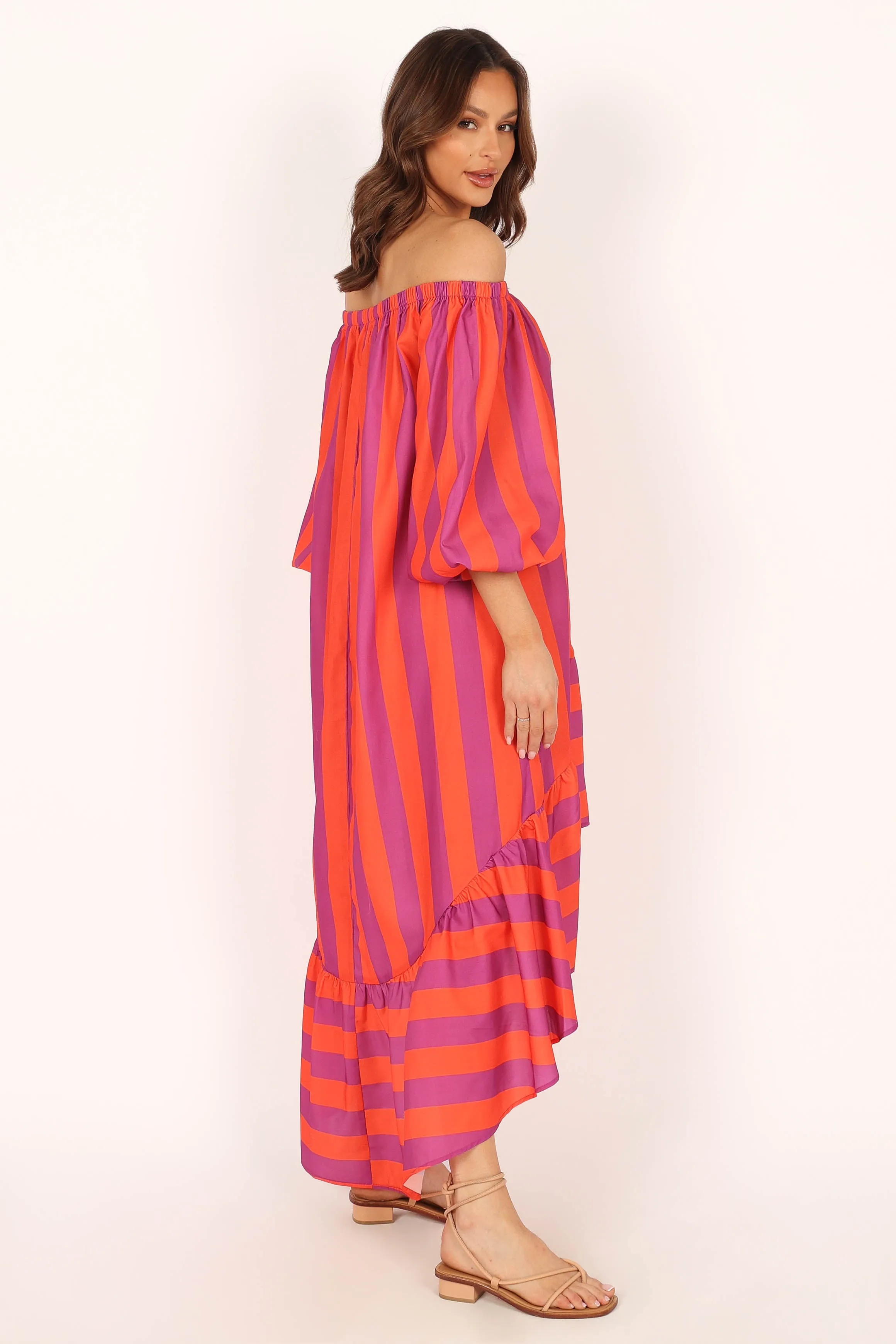 Alysa Off Shoulder Midi Dress - Coral Stripe