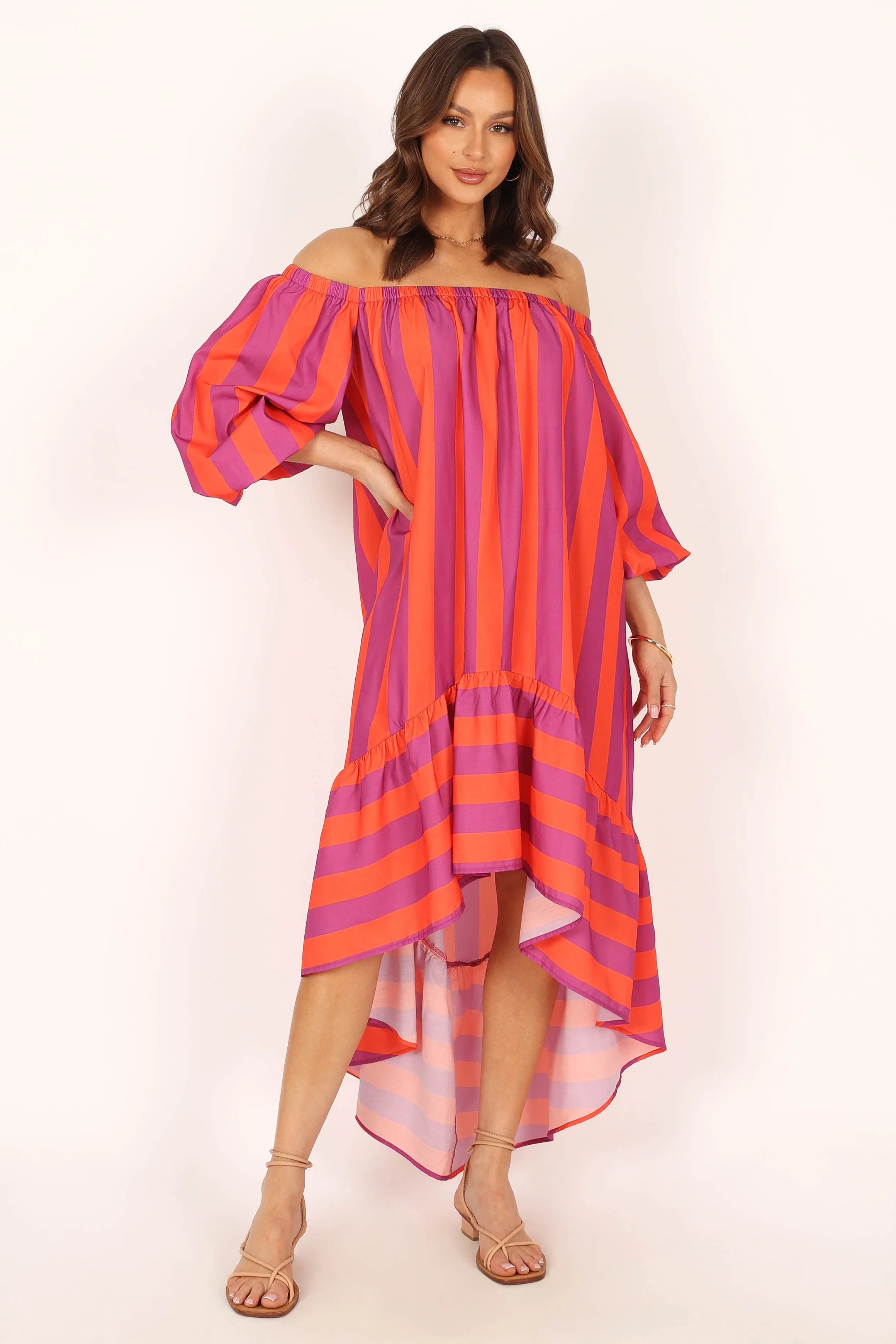 Alysa Off Shoulder Midi Dress - Coral Stripe