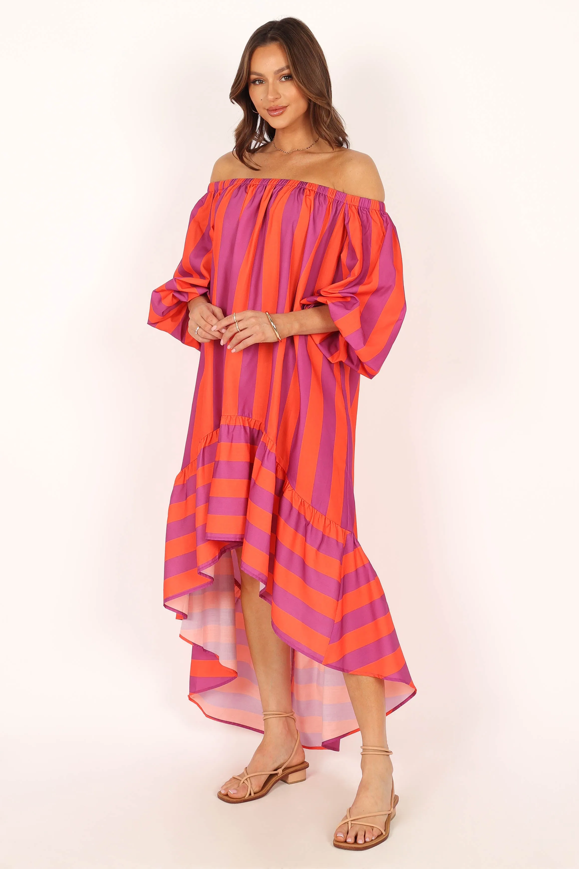 Alysa Off Shoulder Midi Dress - Coral Stripe