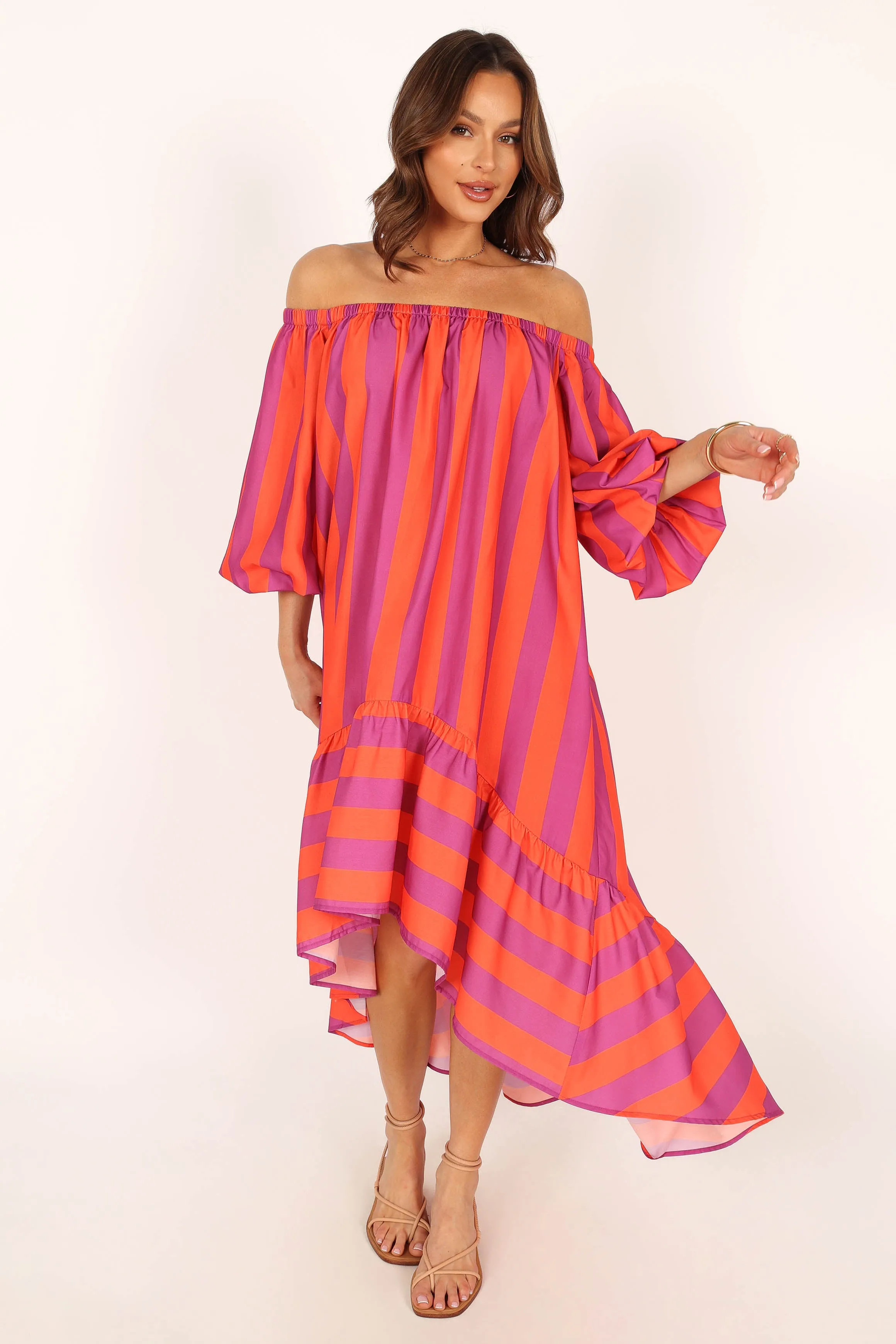 Alysa Off Shoulder Midi Dress - Coral Stripe