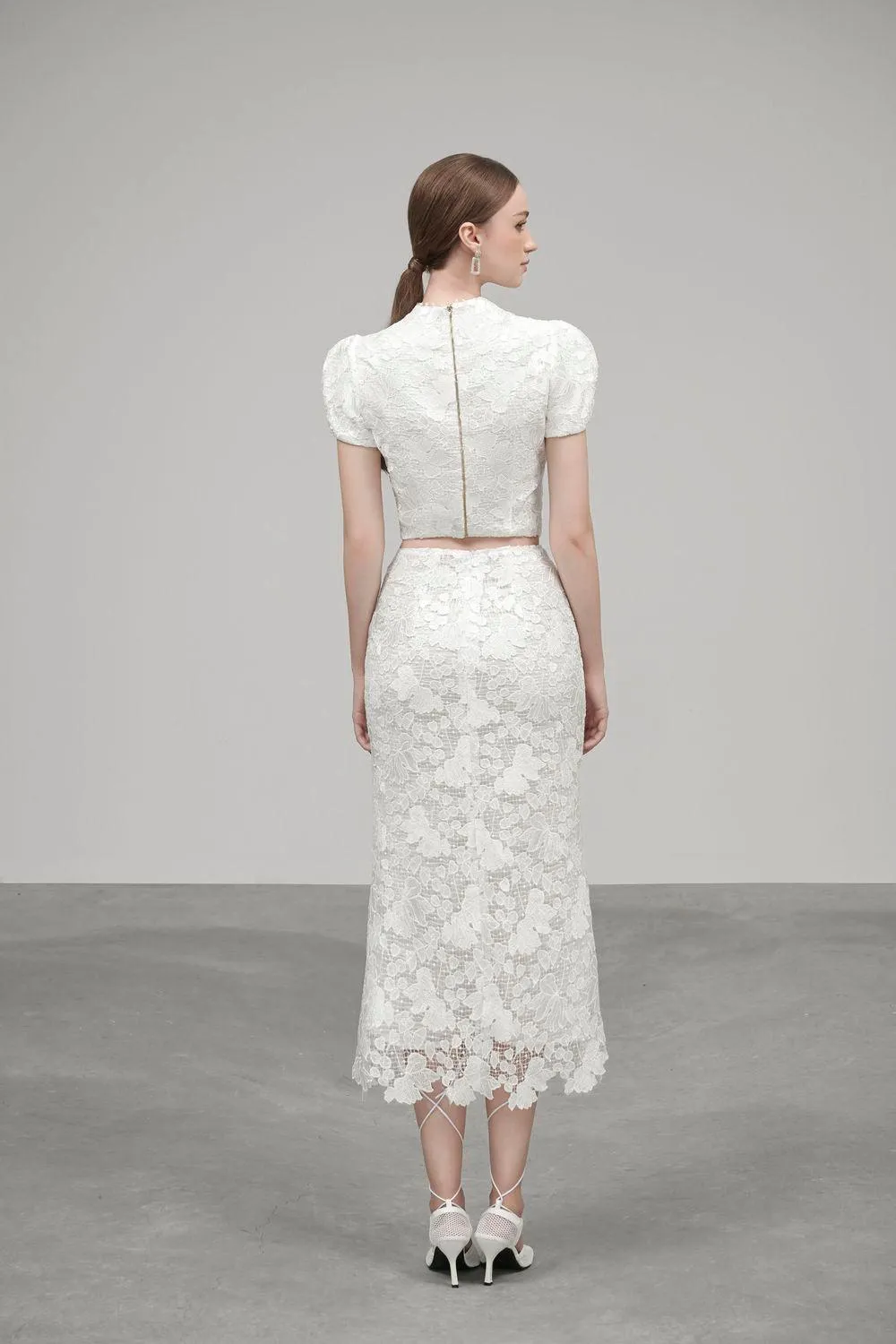 Amy Slit Gathered Embroidered Lace Midi Skirt