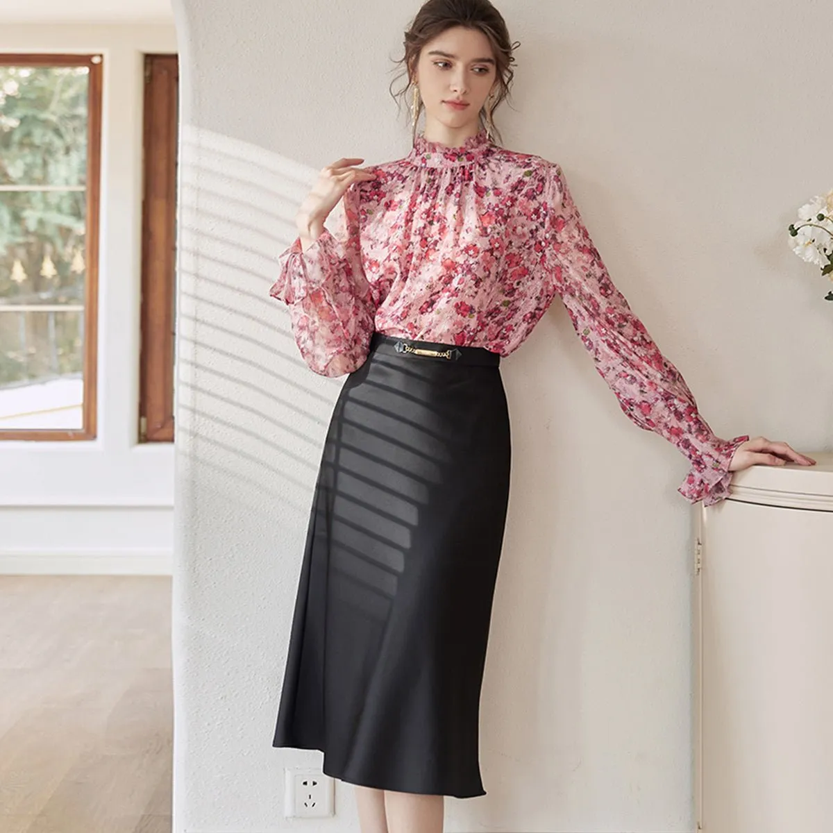 Belted A-Line Black Midi Skirt