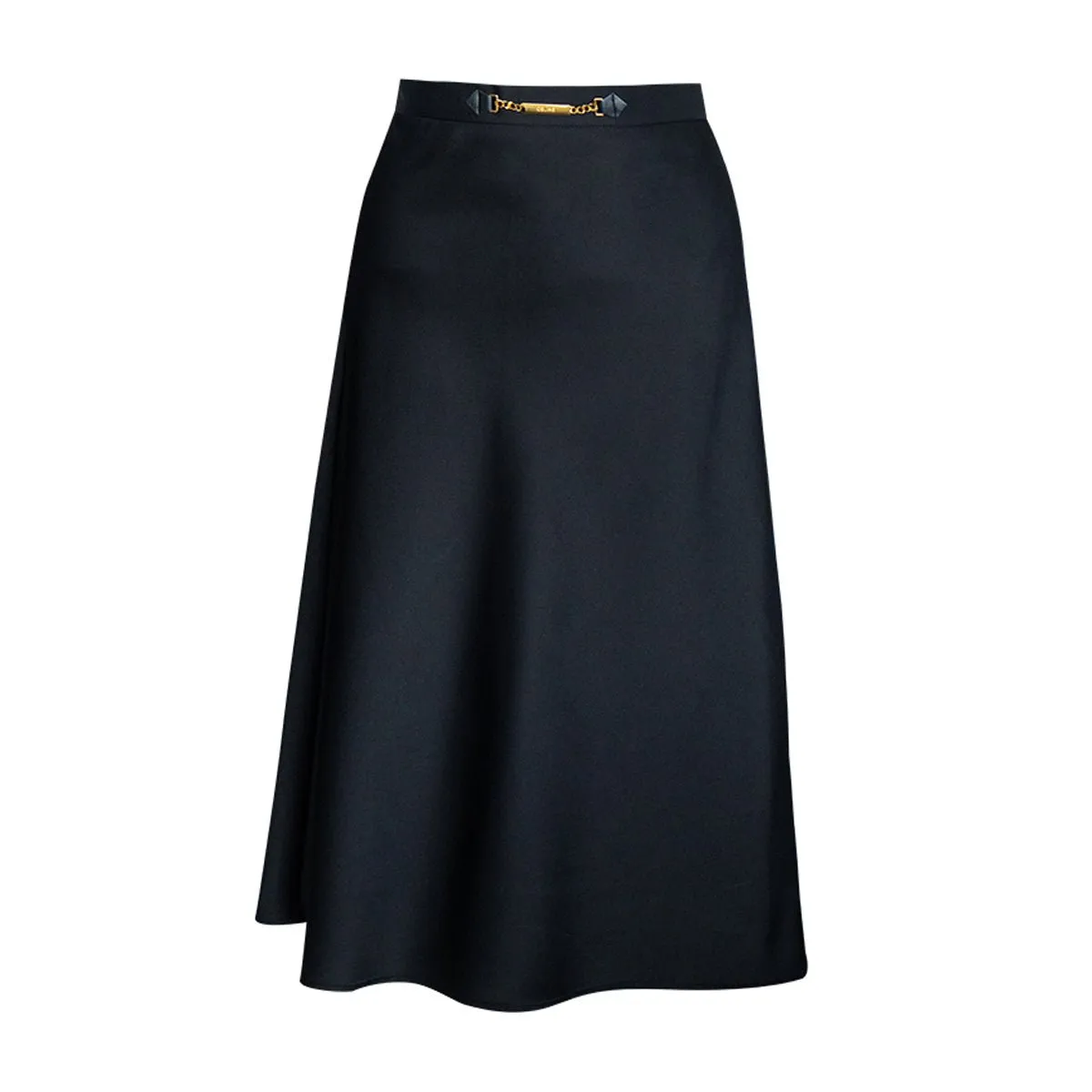 Belted A-Line Black Midi Skirt