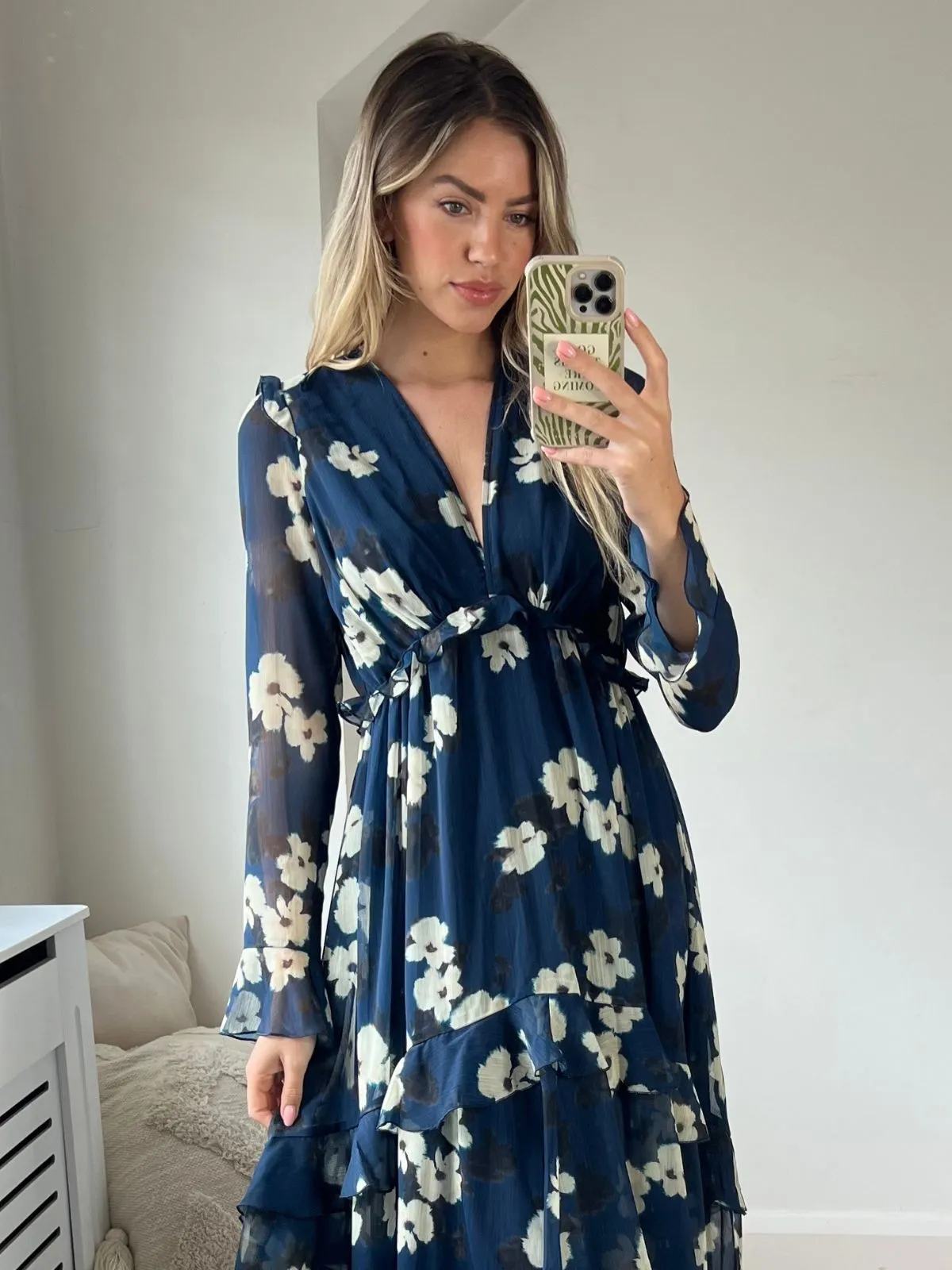 Birdie Frill Tie Back Dress / Navy and Beige Floral