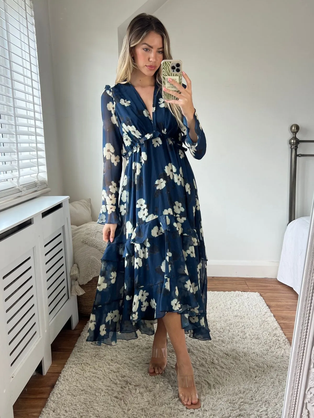 Birdie Frill Tie Back Dress / Navy and Beige Floral