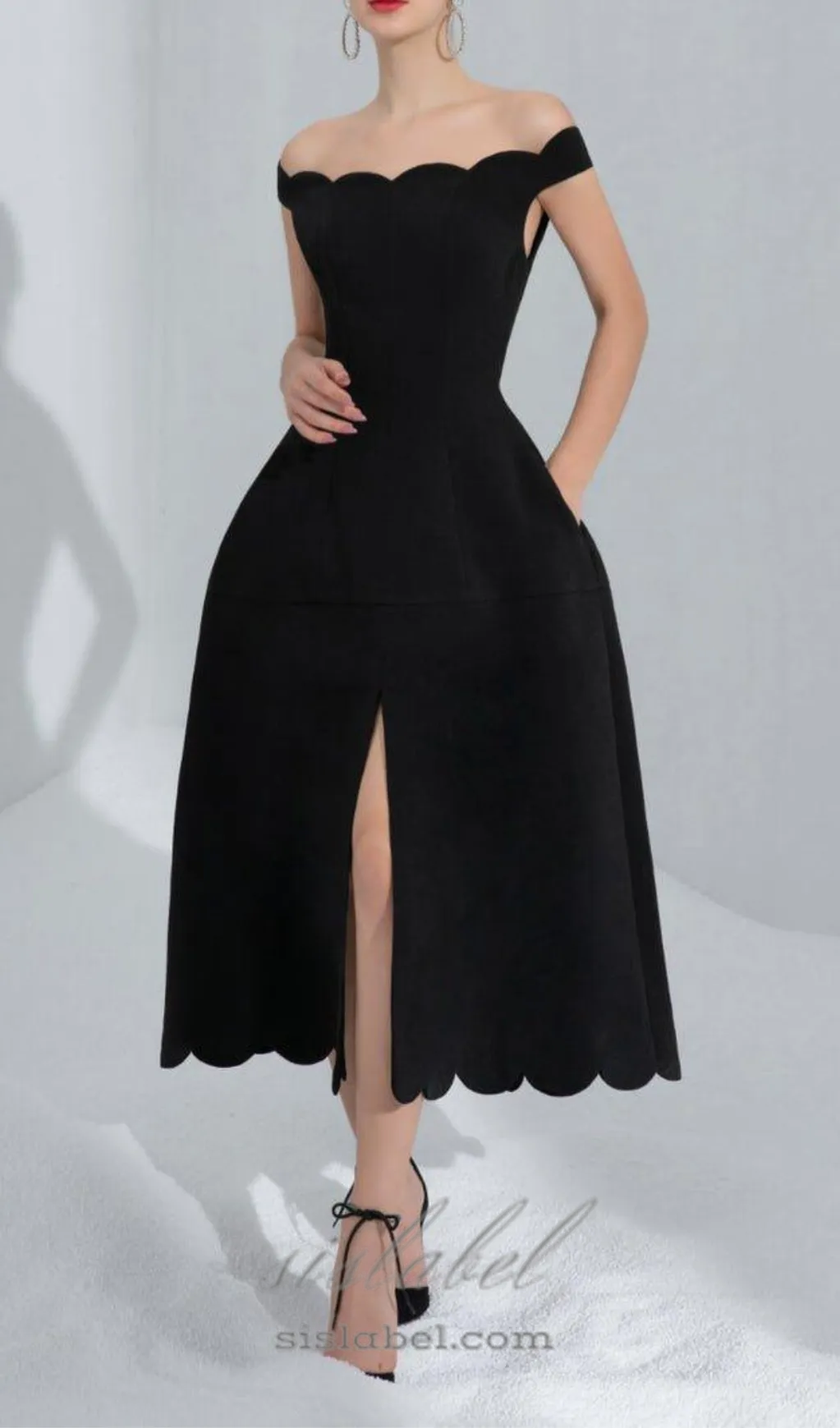 BLACK OFF-SHOULDER SCALLOPED NECKLINE SLIT MIDI DRESS