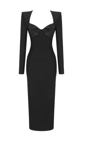 BLACK SQUARE NECK RHINESTONE BODICE MIDI DRESS