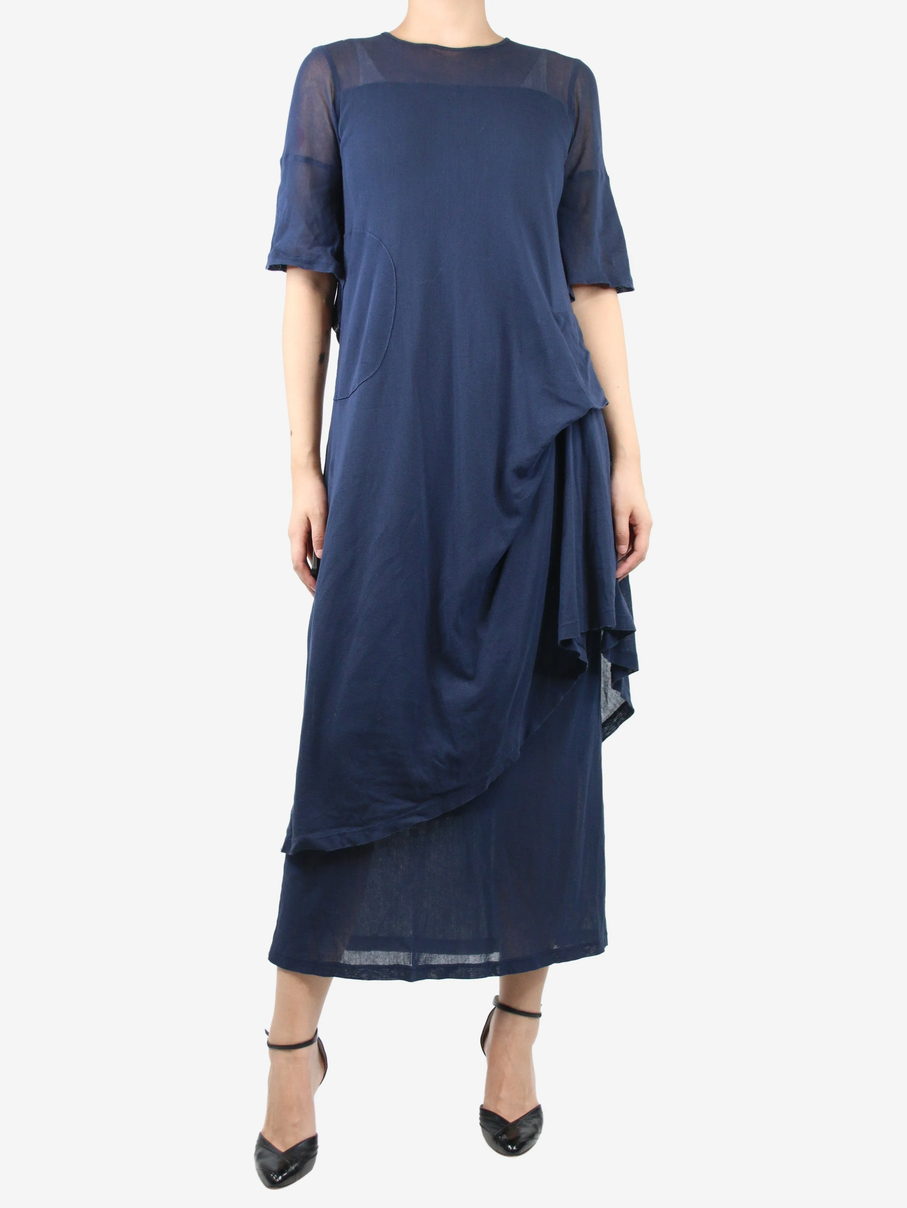 Blue asymmetric gathered midi dress and sheer skirt set - size M