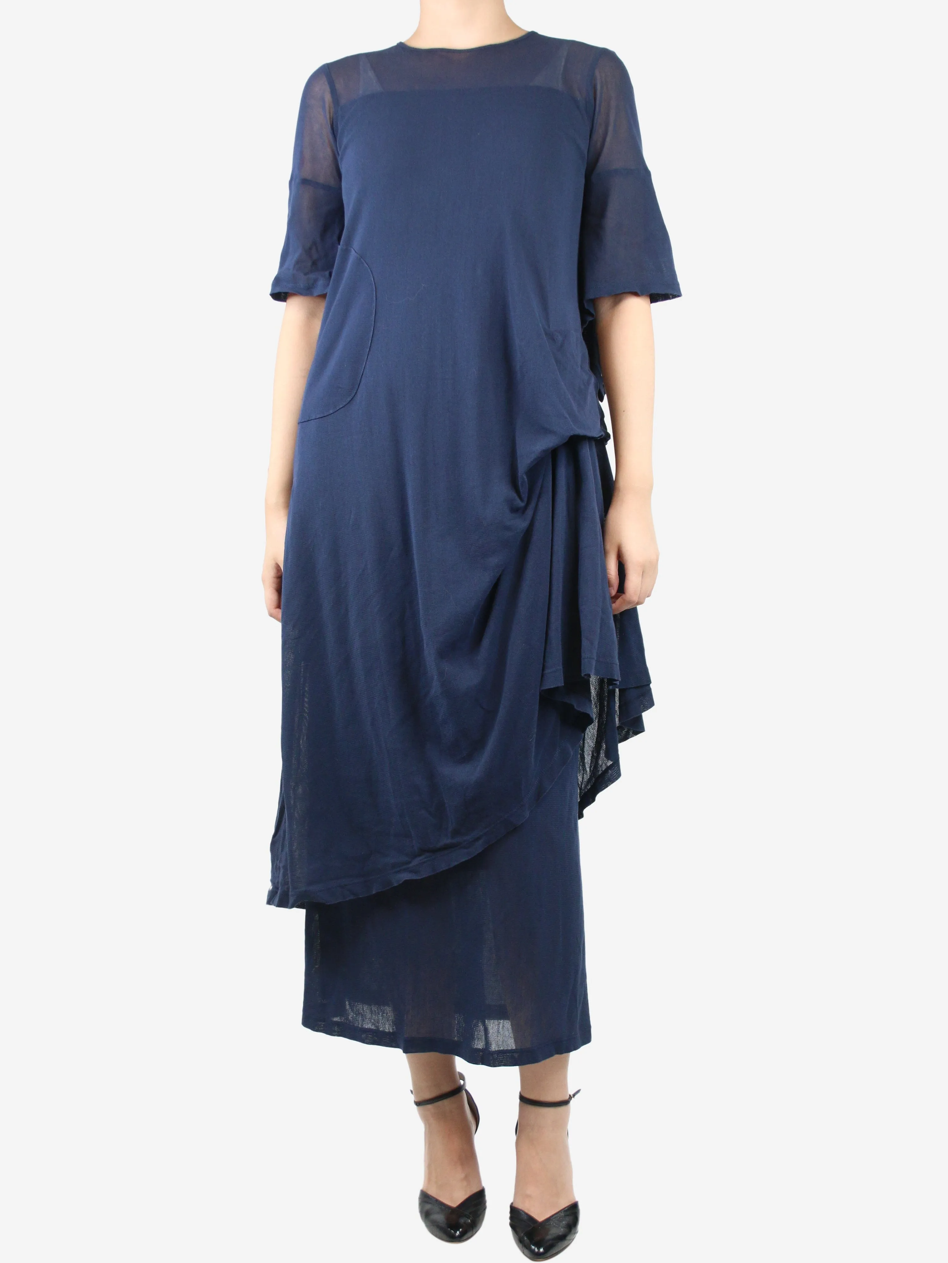 Blue asymmetric gathered midi dress and sheer skirt set - size M