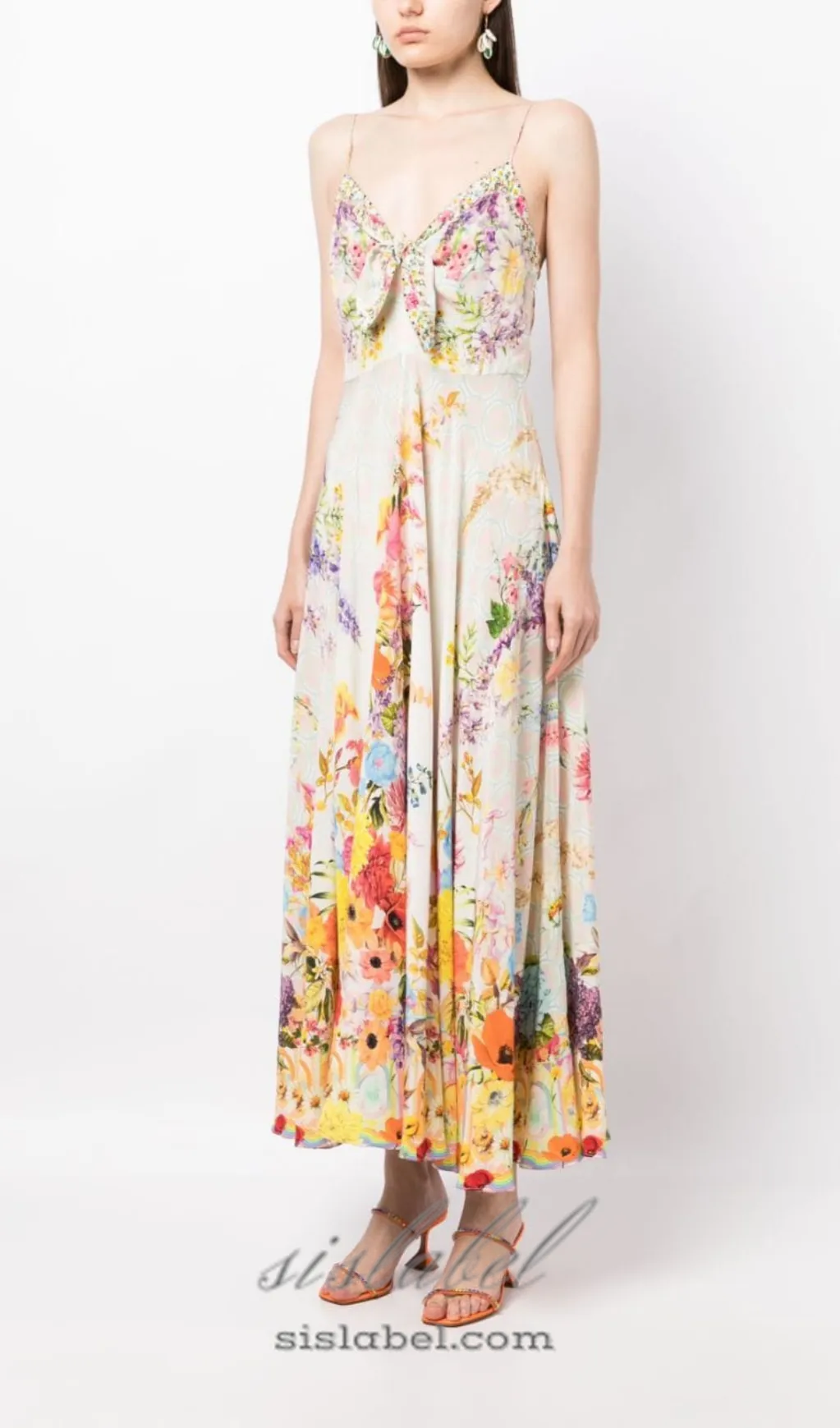 BOW FLORAL-PRINT SILK MIDI DRESS