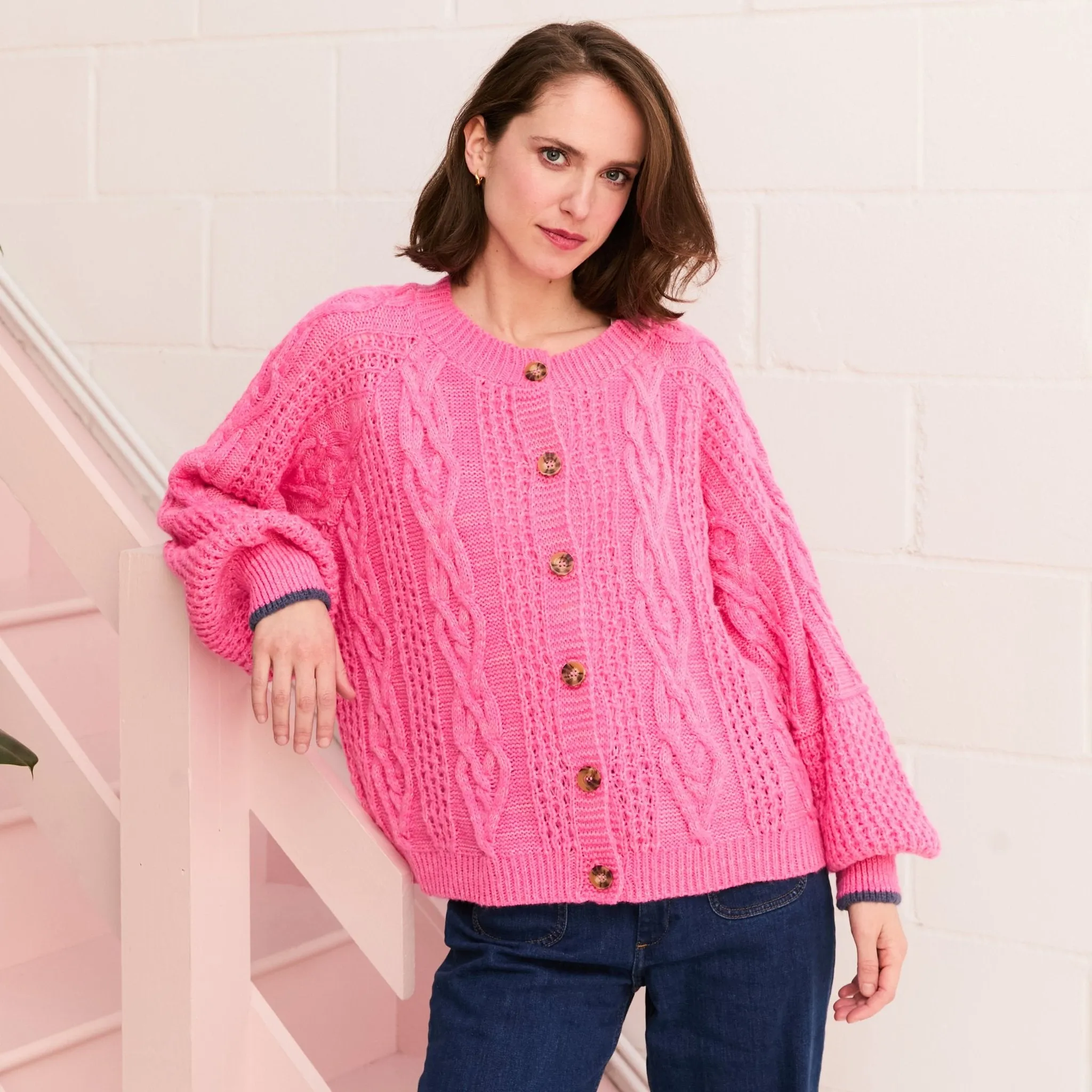 Brigit Heart Stitch Oversized Balloon Sleeve Cardigan - Pink