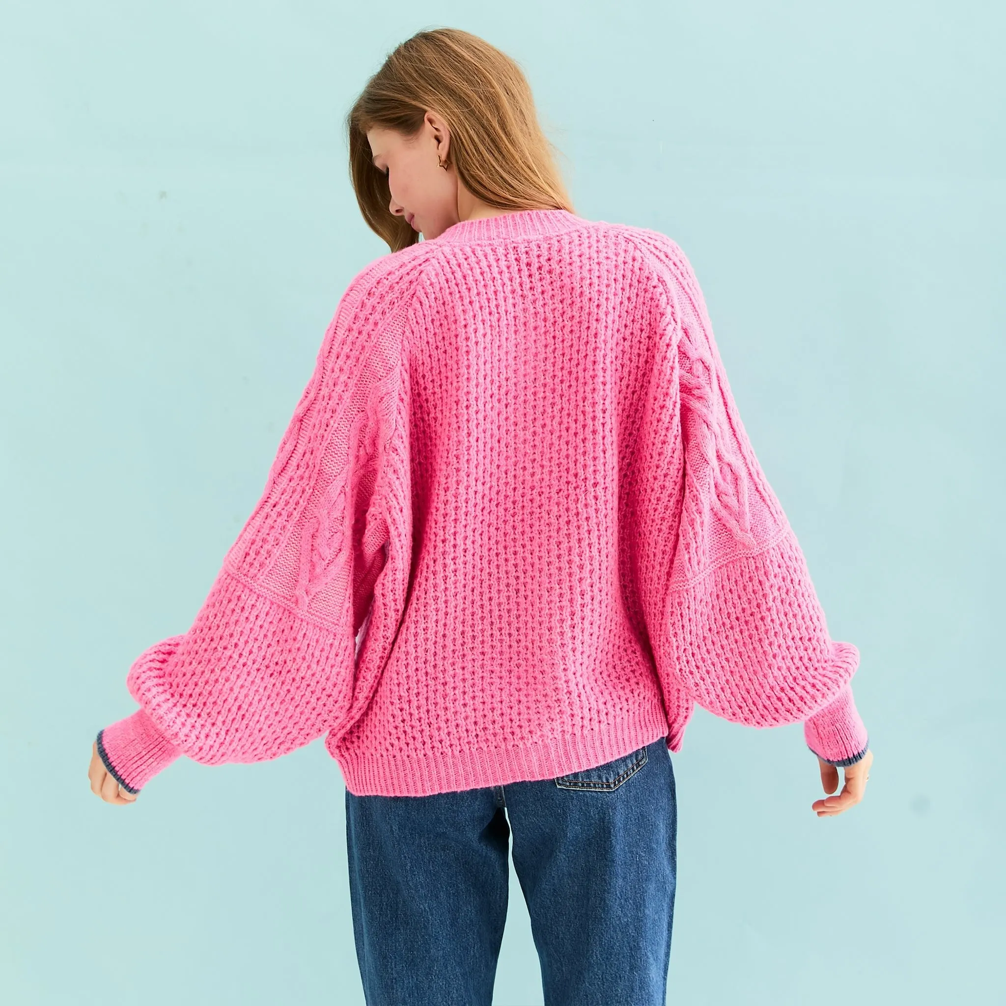 Brigit Heart Stitch Oversized Balloon Sleeve Cardigan - Pink