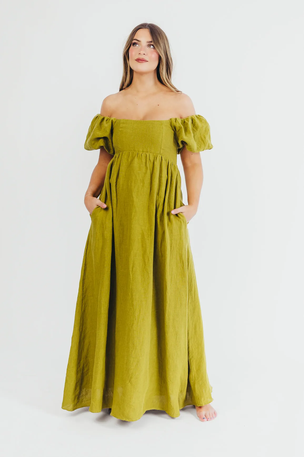 Candace Maxi Dress in Olive - 100% Linen - Bump Friendly