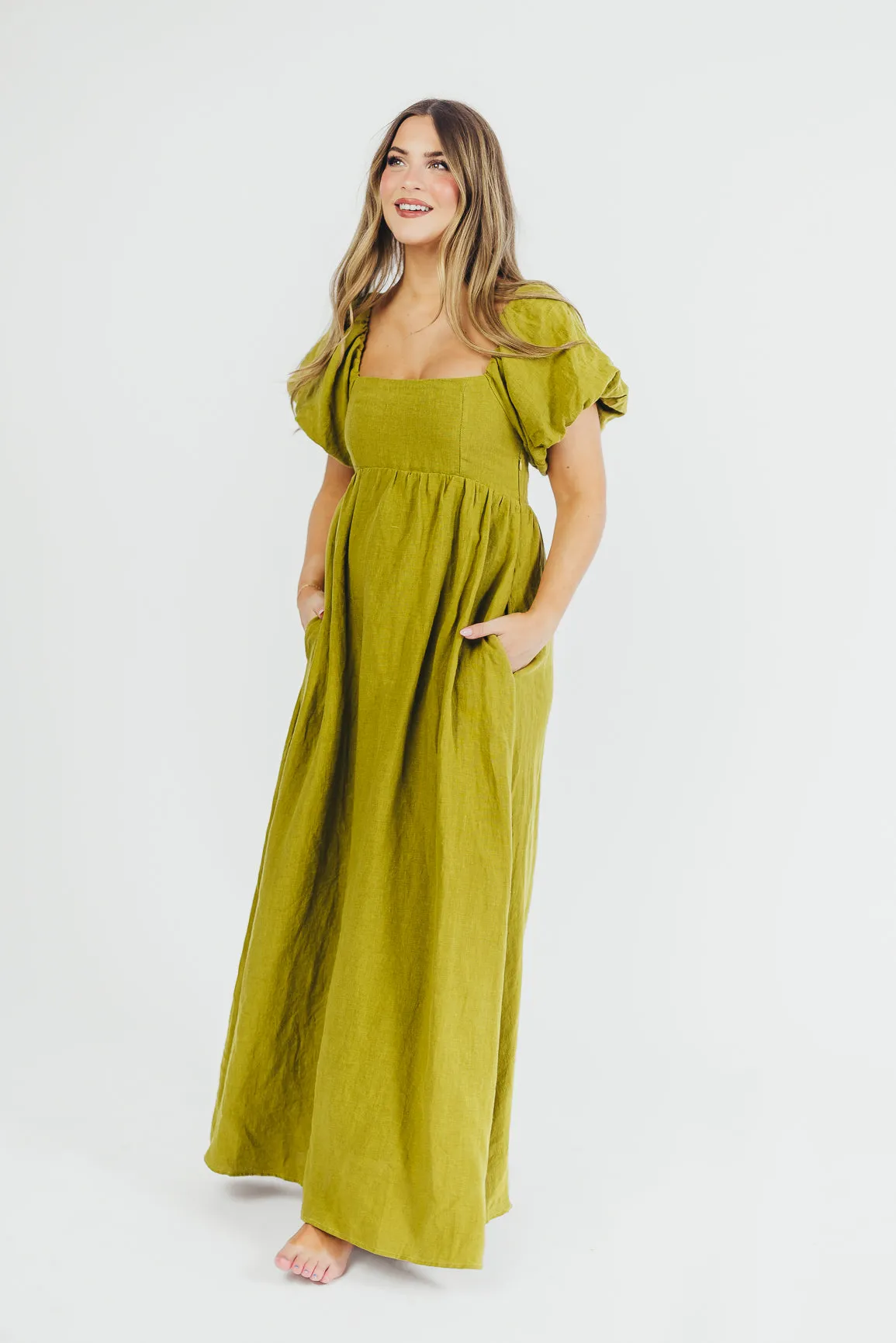 Candace Maxi Dress in Olive - 100% Linen - Bump Friendly