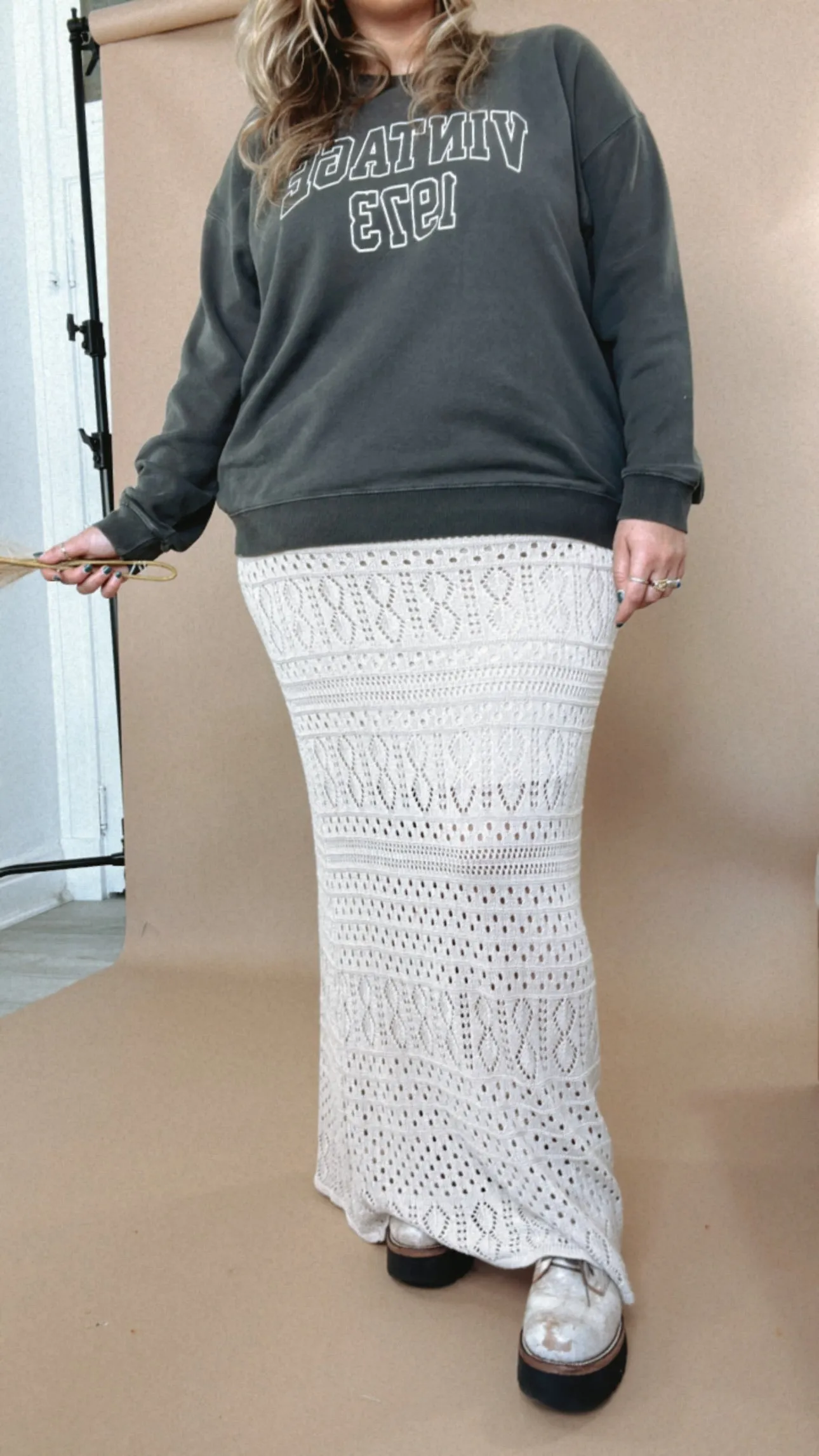 Crochet Midi Skirt, Taupe