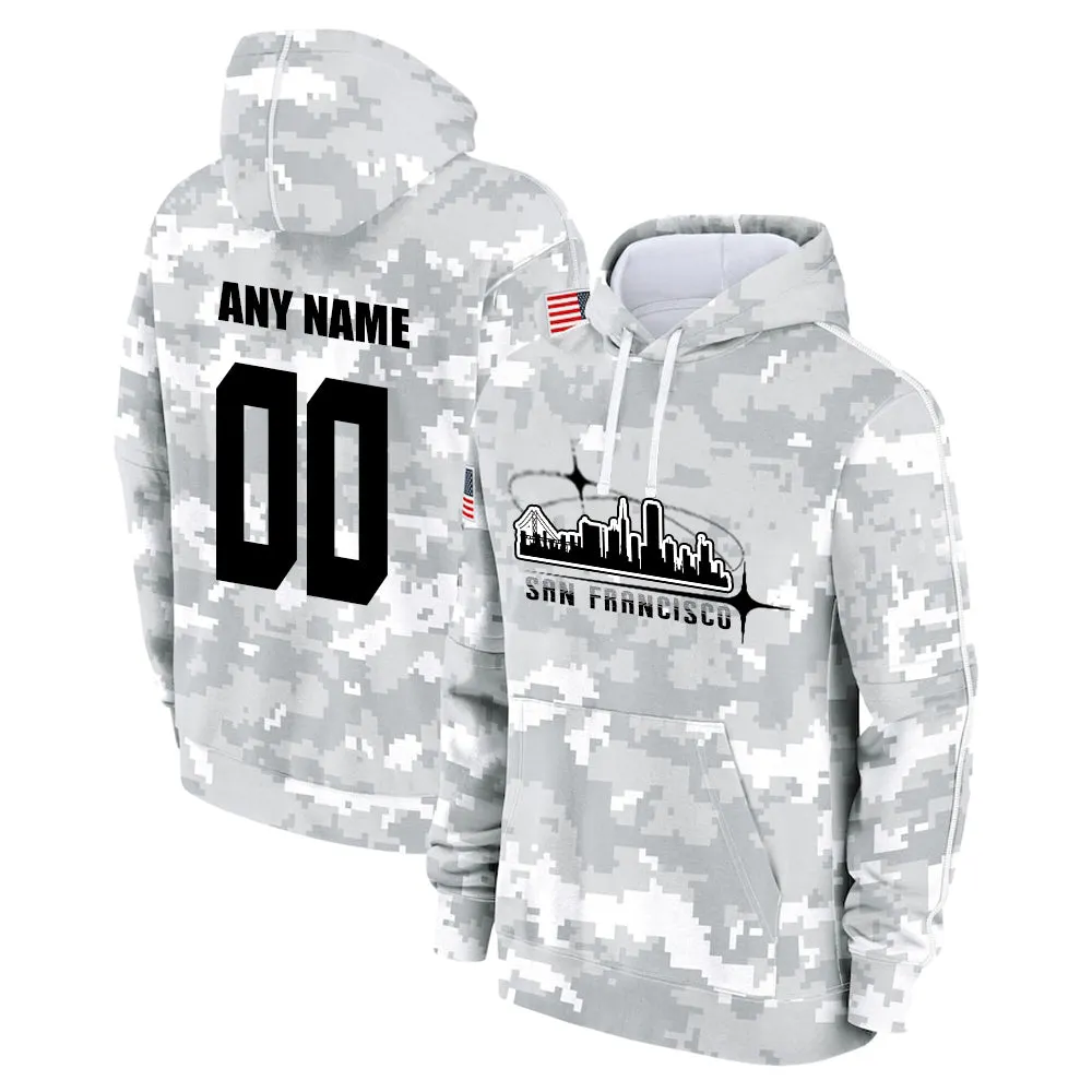 Custom Name & Number Hoodie San Francisco 49ers 2024 Salute to Celebrities Club Fleece Pullover Hoodie City Silhouette Hoodie Unisex