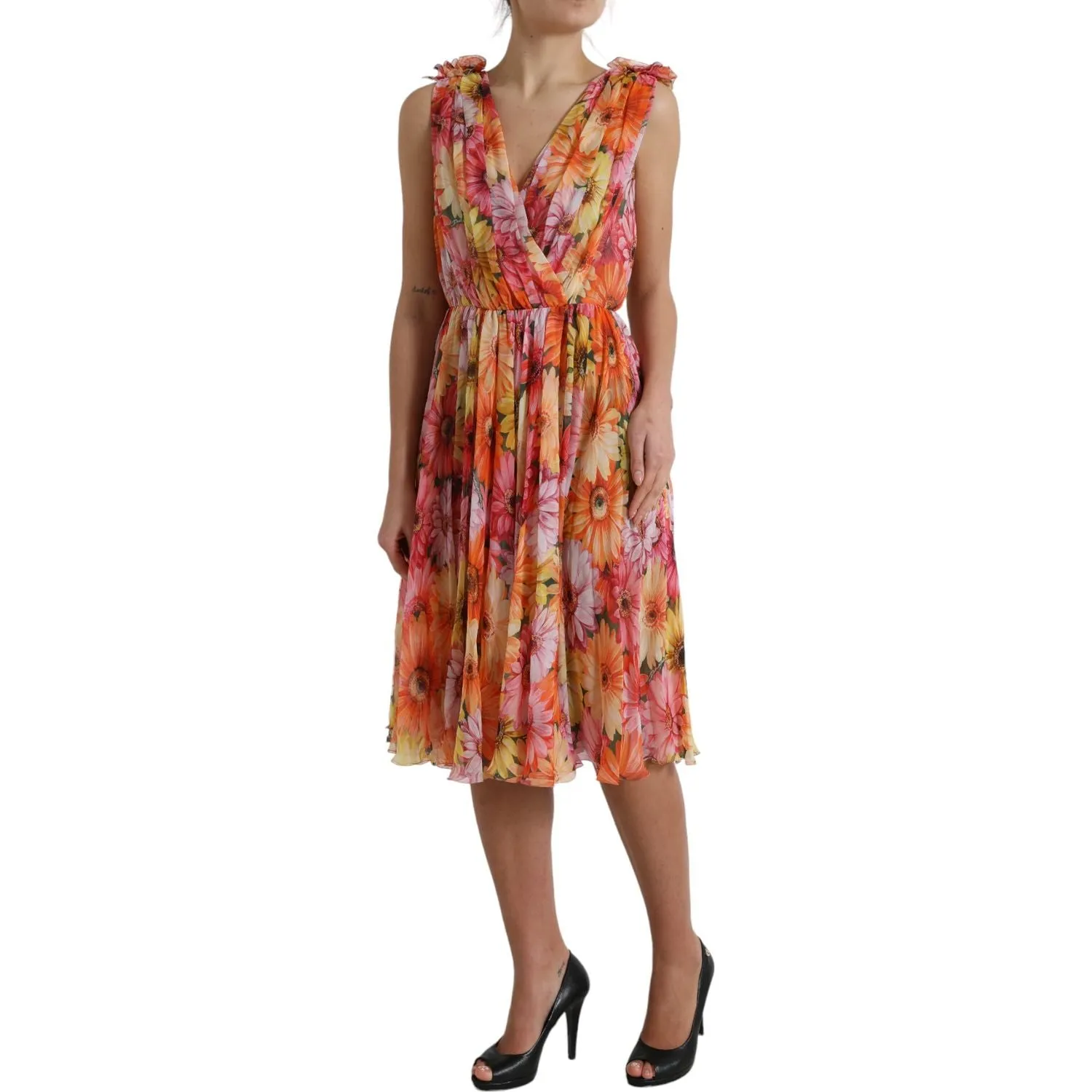 Dolce & Gabbana Elegant Floral Silk Midi Dress with V-Neck