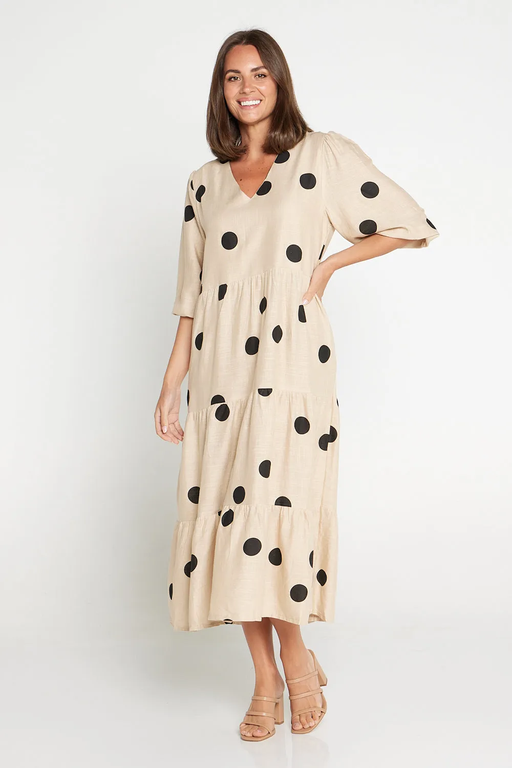 Eleanor Linen Dress - Beige/Black Spot