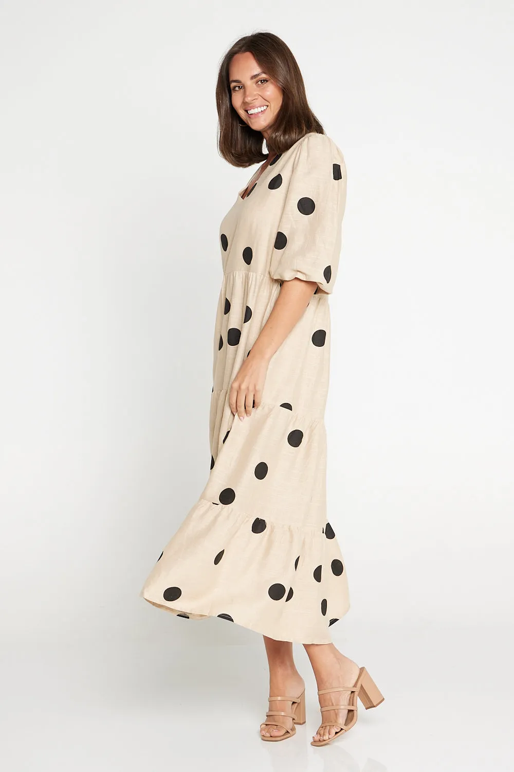 Eleanor Linen Dress - Beige/Black Spot