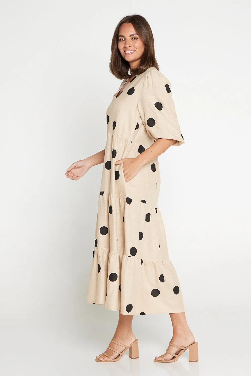 Eleanor Linen Dress - Beige/Black Spot