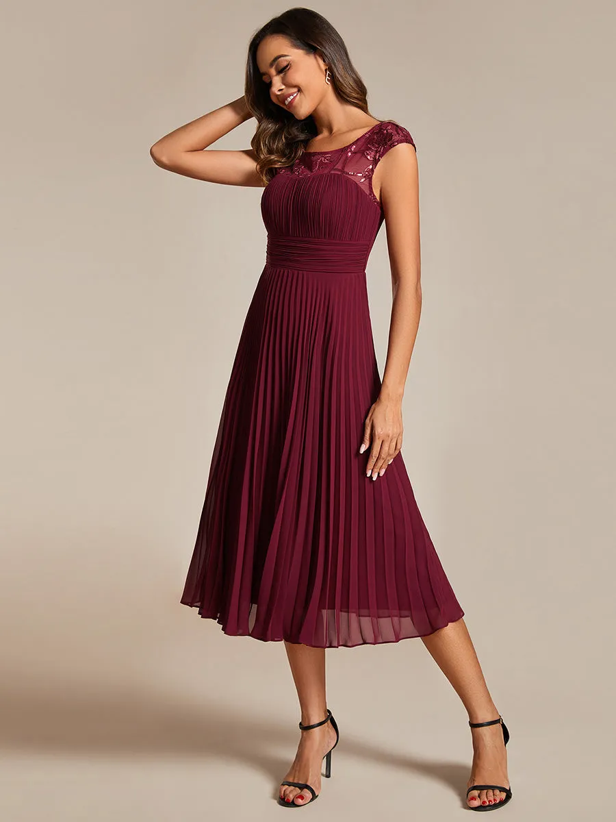 Embroidery Round Neck Tea Length Wedding Guest Dress With Raglan Sleeves