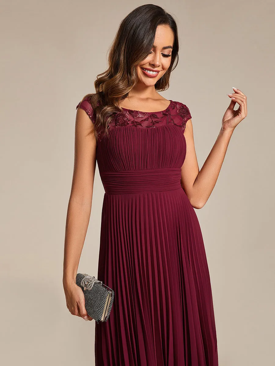 Embroidery Round Neck Tea Length Wedding Guest Dress With Raglan Sleeves