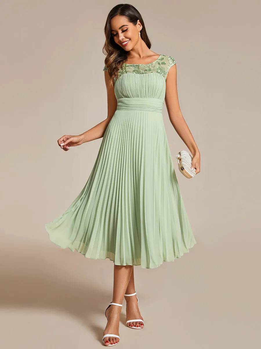 Embroidery Round Neck Tea Length Wedding Guest Dress With Raglan Sleeves