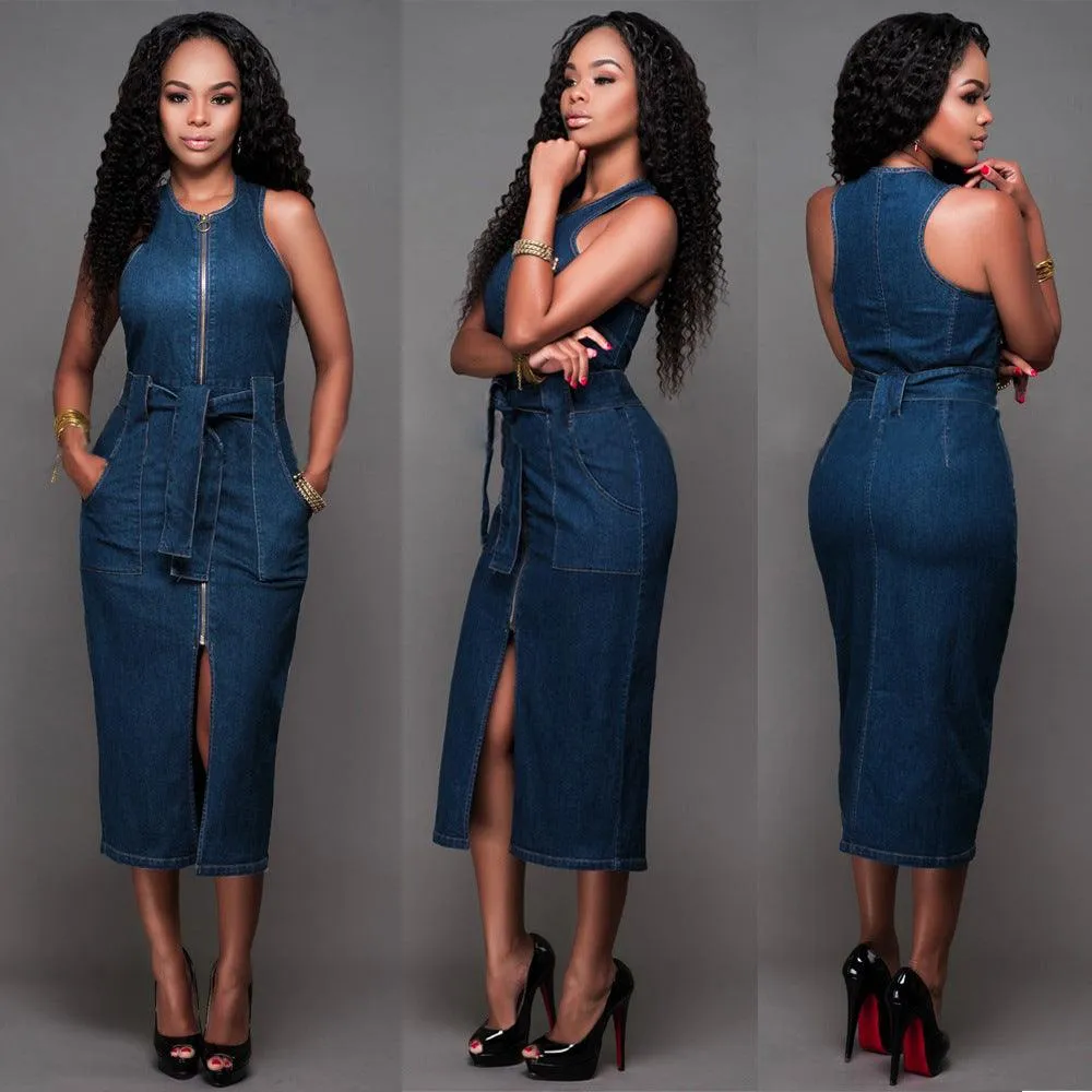 Fashion Sleeveless Denim Slim Dress Midi Skirt