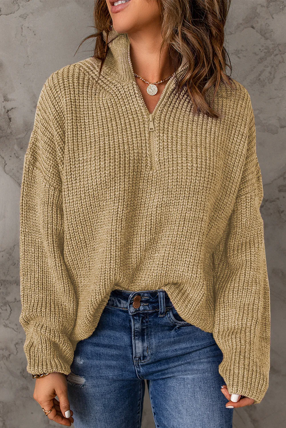 Half Zip Rib-Knit Dropped Shoulder Sweater