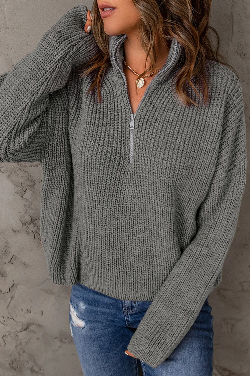 Half Zip Rib-Knit Dropped Shoulder Sweater