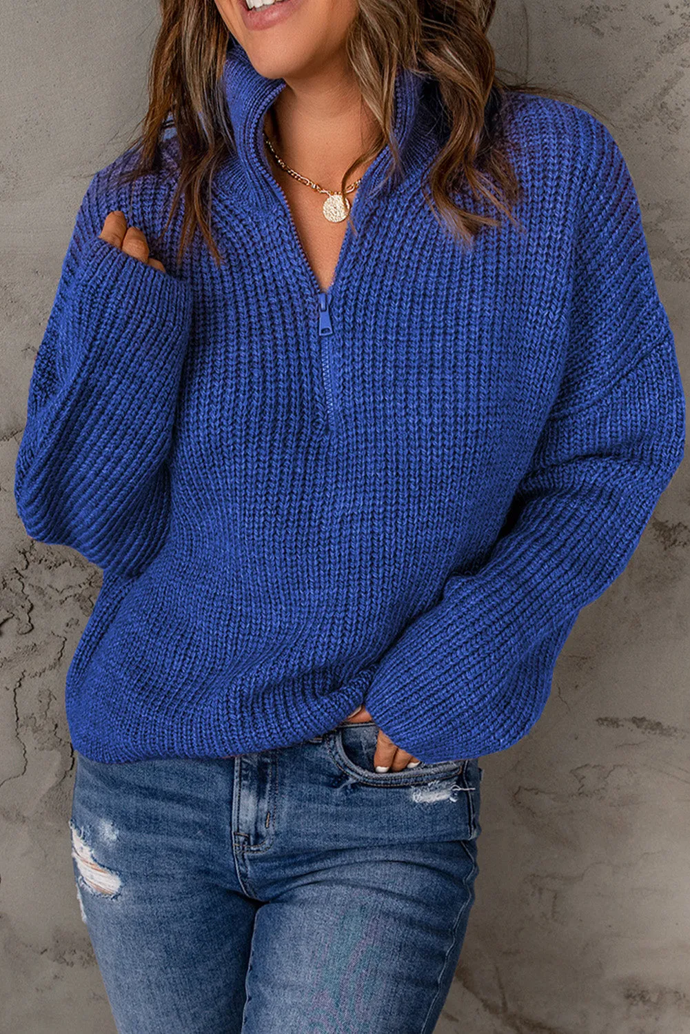 Half Zip Rib-Knit Dropped Shoulder Sweater