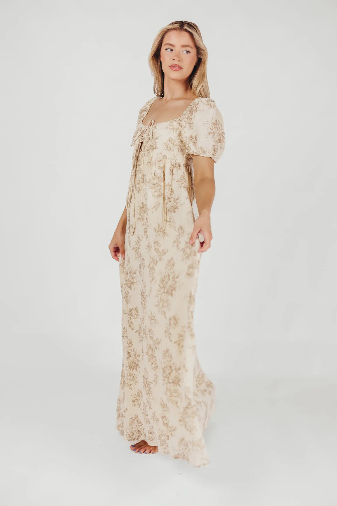 Haven 100% Cotton Tie-Front Maxi Dress in Taupe/Brown Floral - Bump Friendly