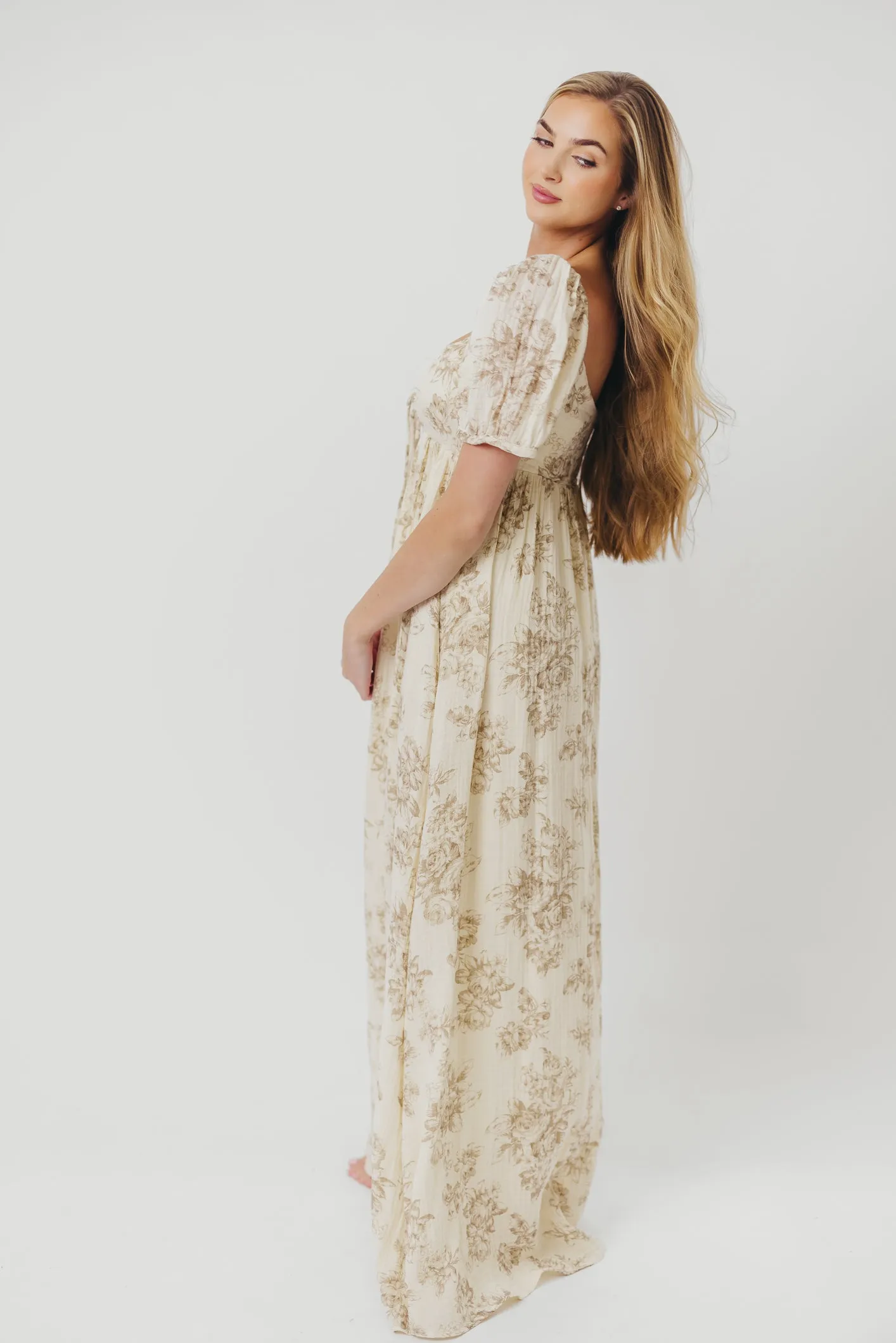 Haven 100% Cotton Tie-Front Maxi Dress in Taupe/Brown Floral - Bump Friendly