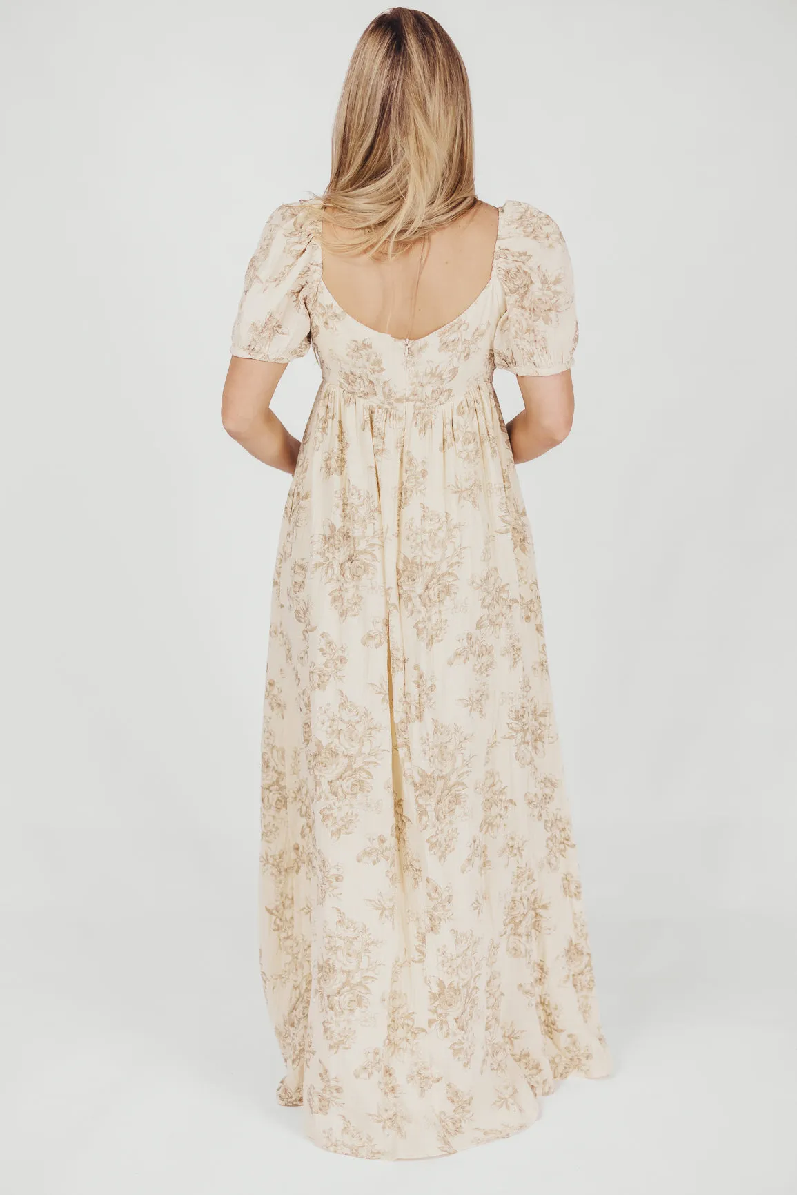 Haven 100% Cotton Tie-Front Maxi Dress in Taupe/Brown Floral - Bump Friendly