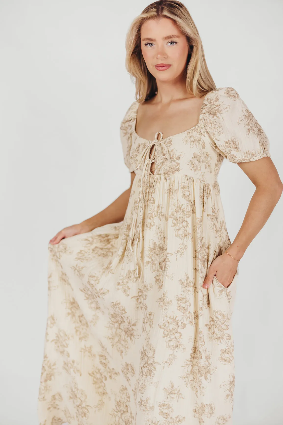 Haven 100% Cotton Tie-Front Maxi Dress in Taupe/Brown Floral - Bump Friendly