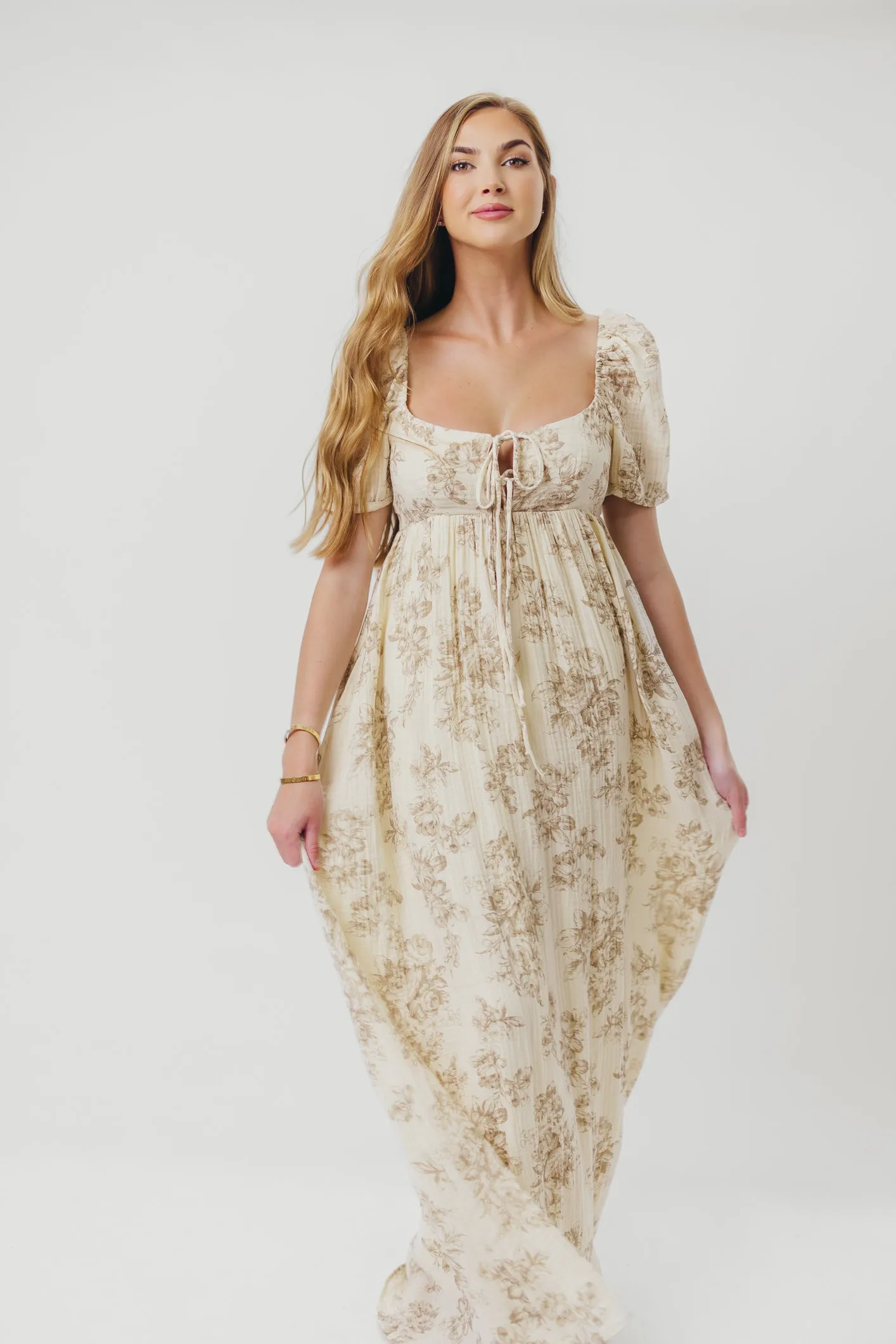 Haven 100% Cotton Tie-Front Maxi Dress in Taupe/Brown Floral - Bump Friendly