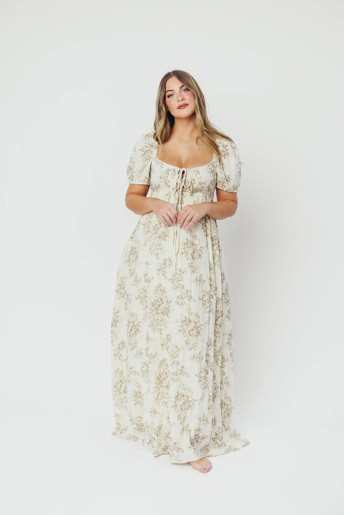 Haven 100% Cotton Tie-Front Maxi Dress in Taupe/Brown Floral - Bump Friendly