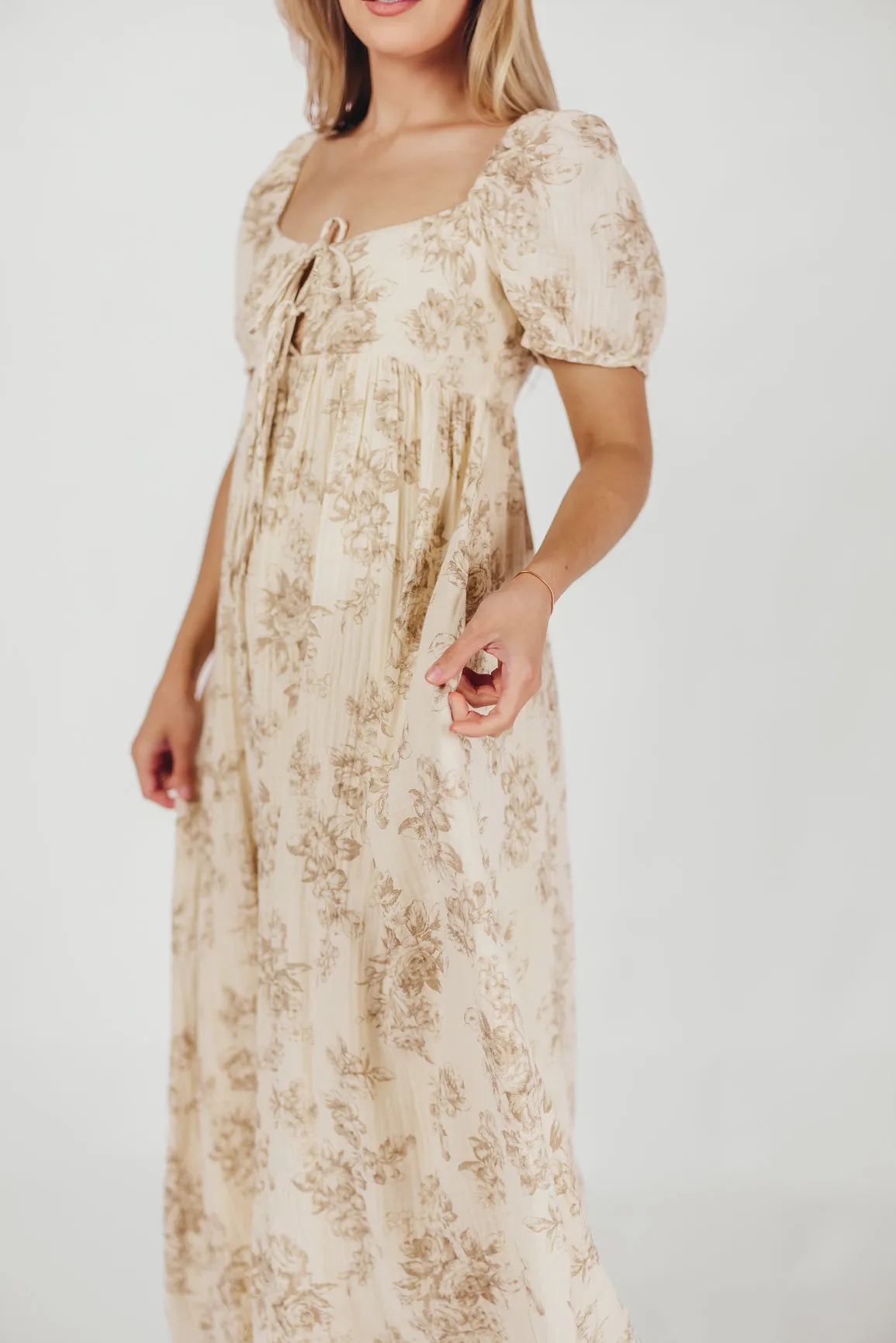 Haven 100% Cotton Tie-Front Maxi Dress in Taupe/Brown Floral - Bump Friendly