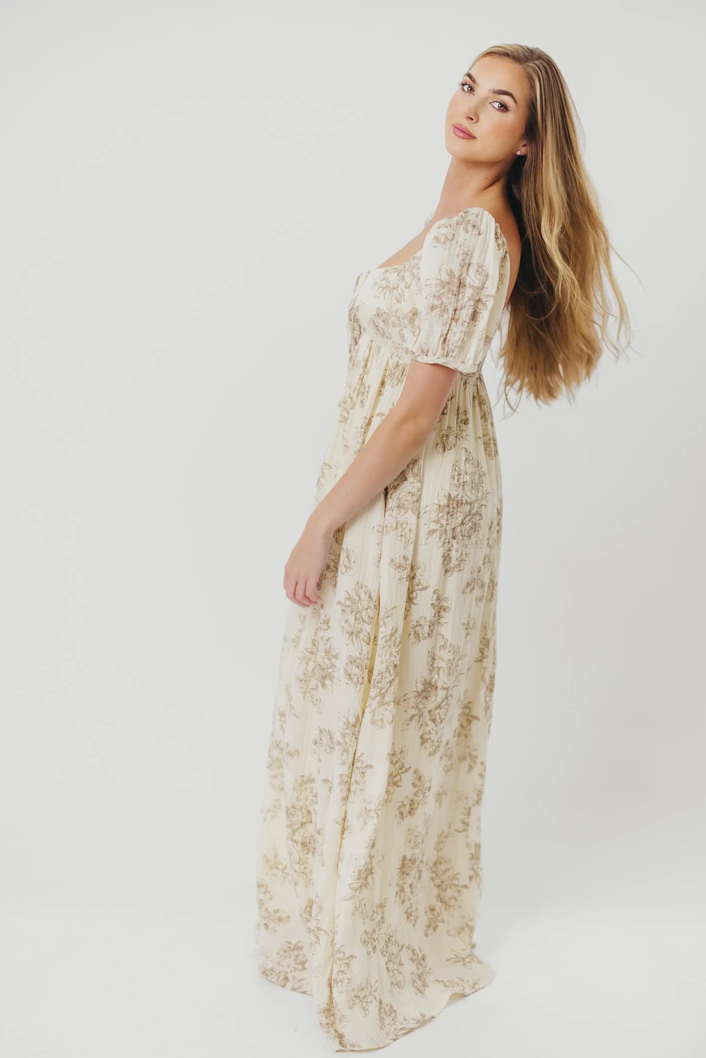 Haven 100% Cotton Tie-Front Maxi Dress in Taupe/Brown Floral - Bump Friendly