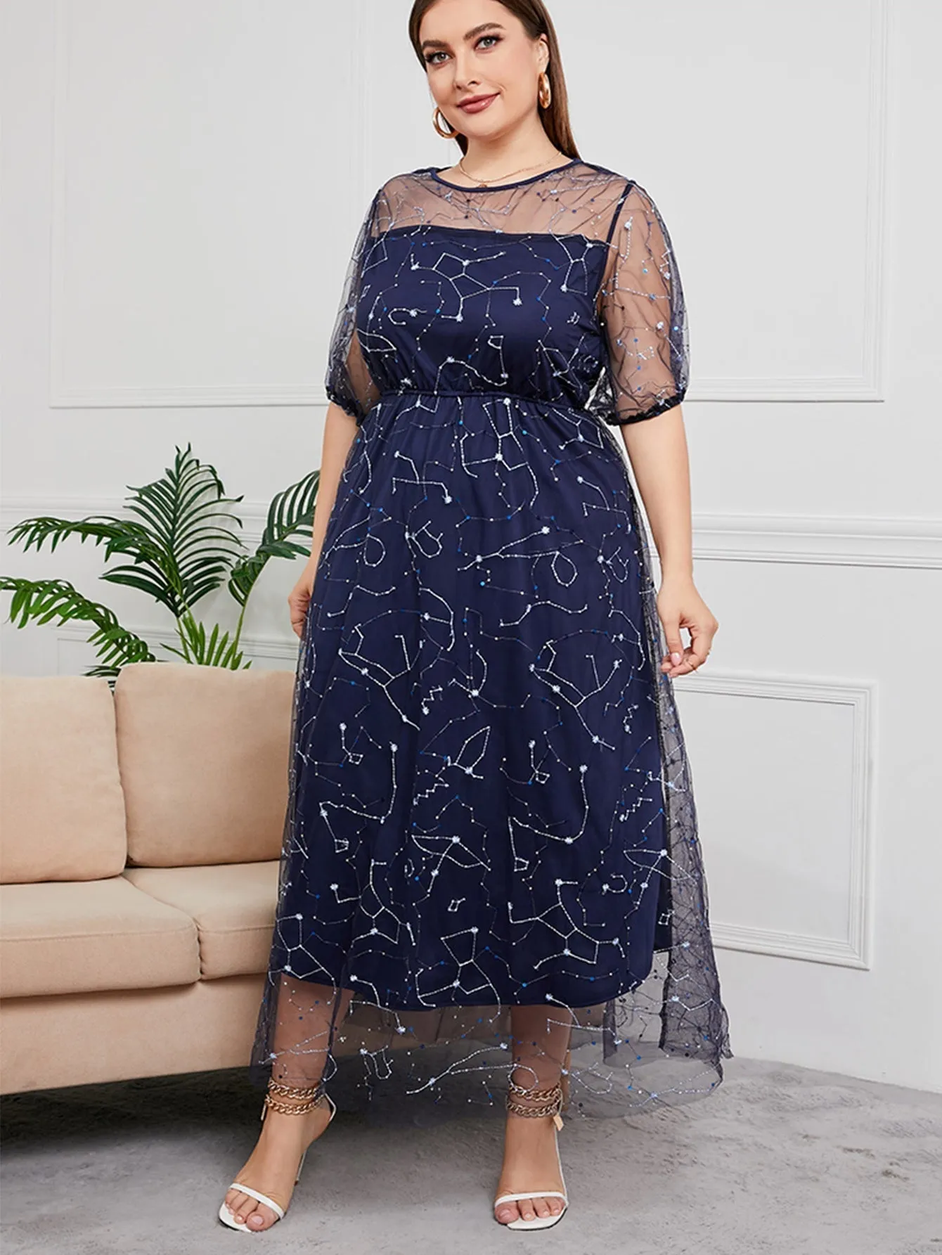 KittenAlarm - Plus Sequins Embroidery Mesh Overlay Dress