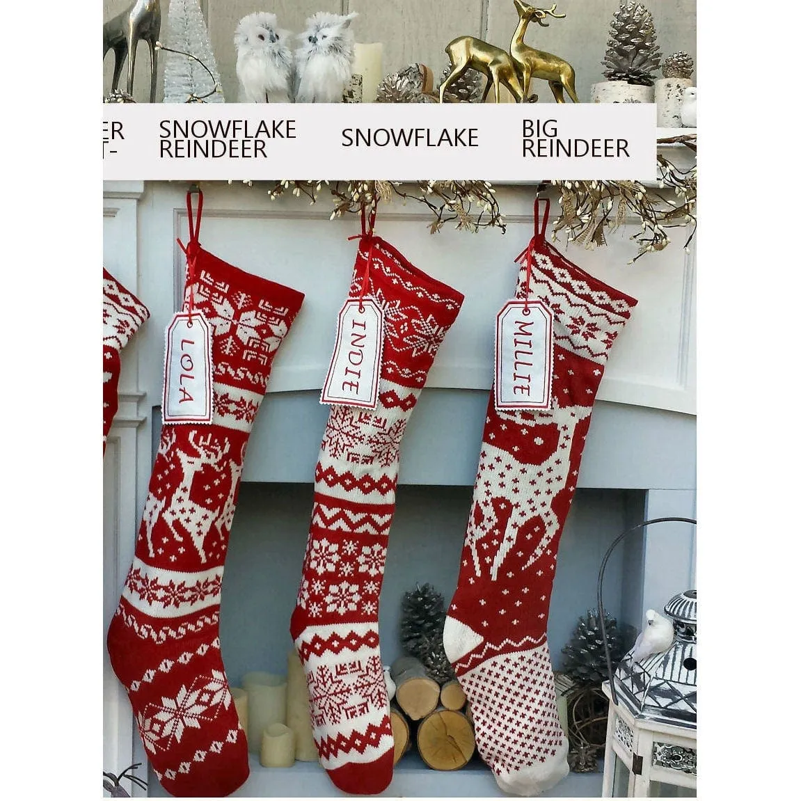 Knit Christmas Stockings - Red White - Reindeer or Snowflake Design Scandinavian Nordic Modern Holiday Theme Minimalist Look Custom  Long