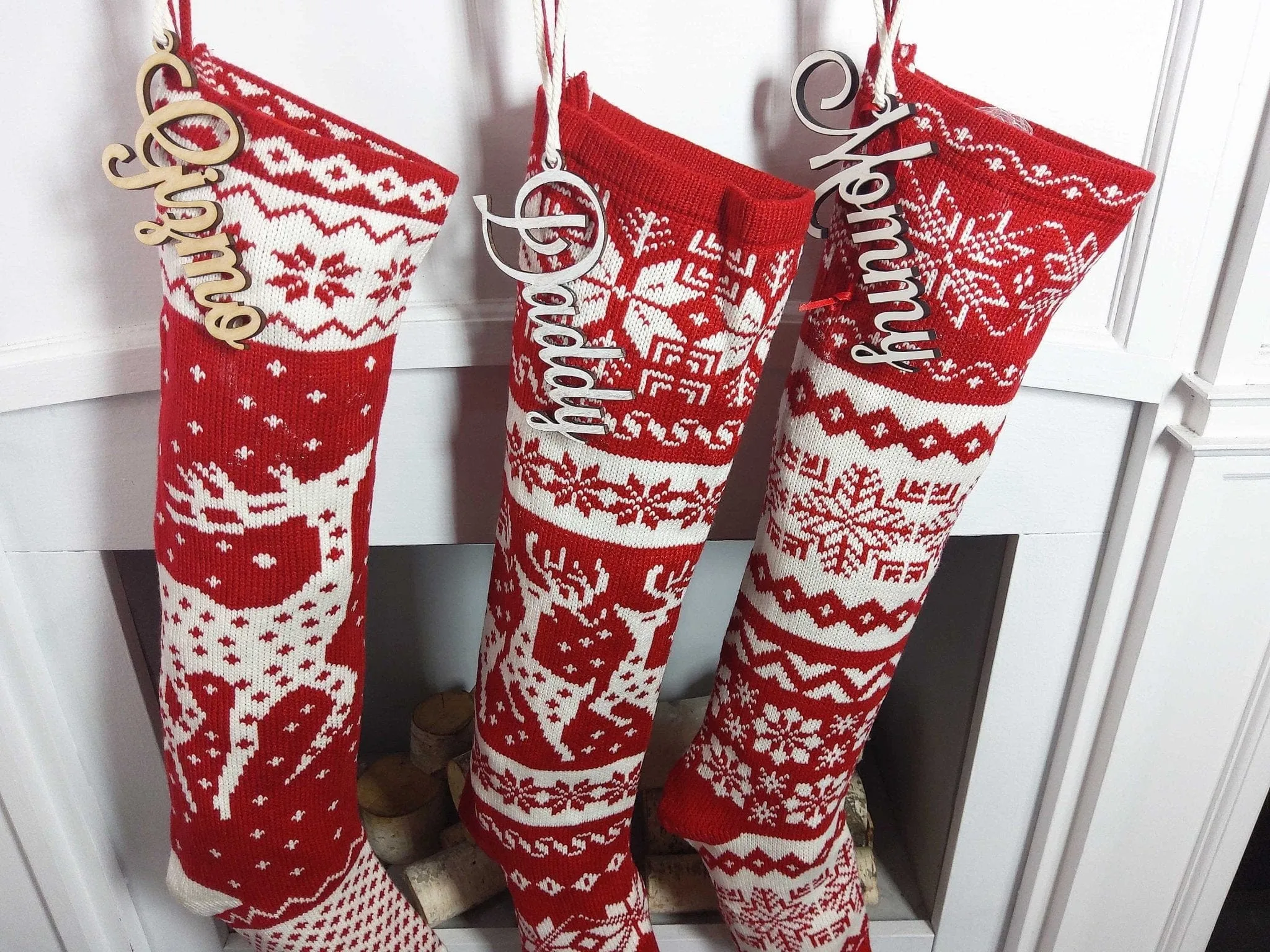 Knit Christmas Stockings - Red White - Reindeer or Snowflake Design Scandinavian Nordic Modern Holiday Theme Minimalist Look Custom  Long