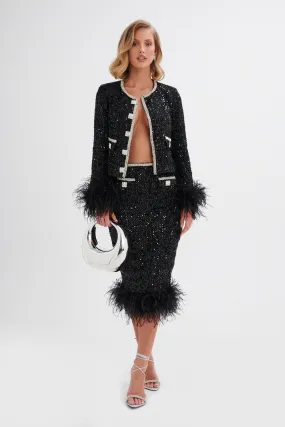 KYLIE Sequin Boucle Feather Hem Midi Skirt in Black