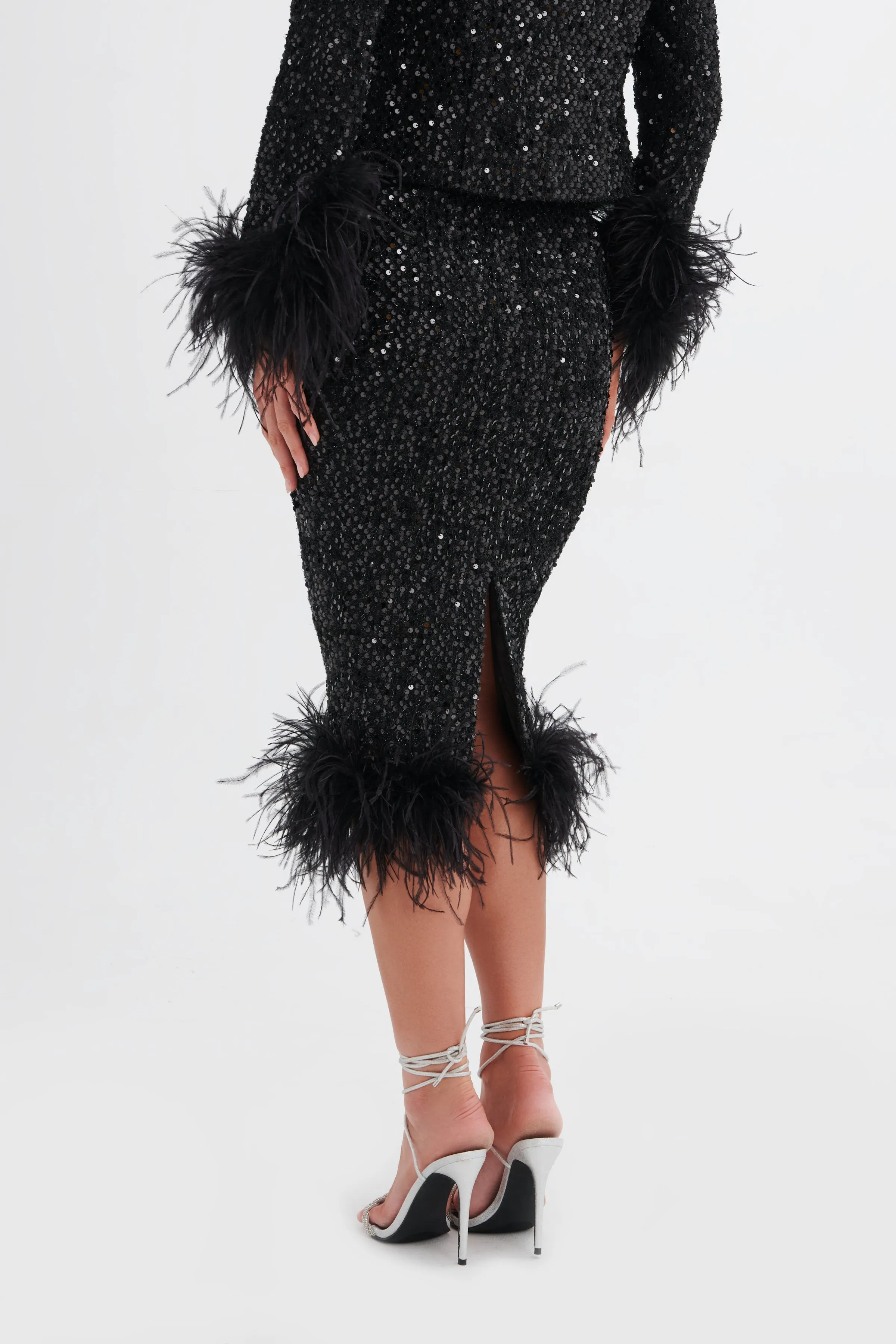 KYLIE Sequin Boucle Feather Hem Midi Skirt in Black