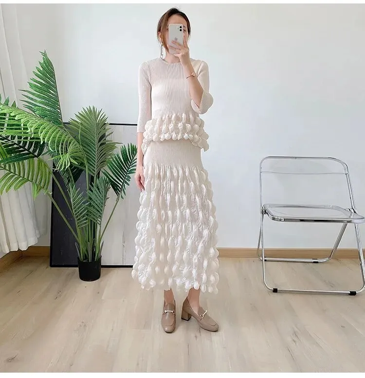 Miyake Pleated Bubble Top and Midi Skirt Set